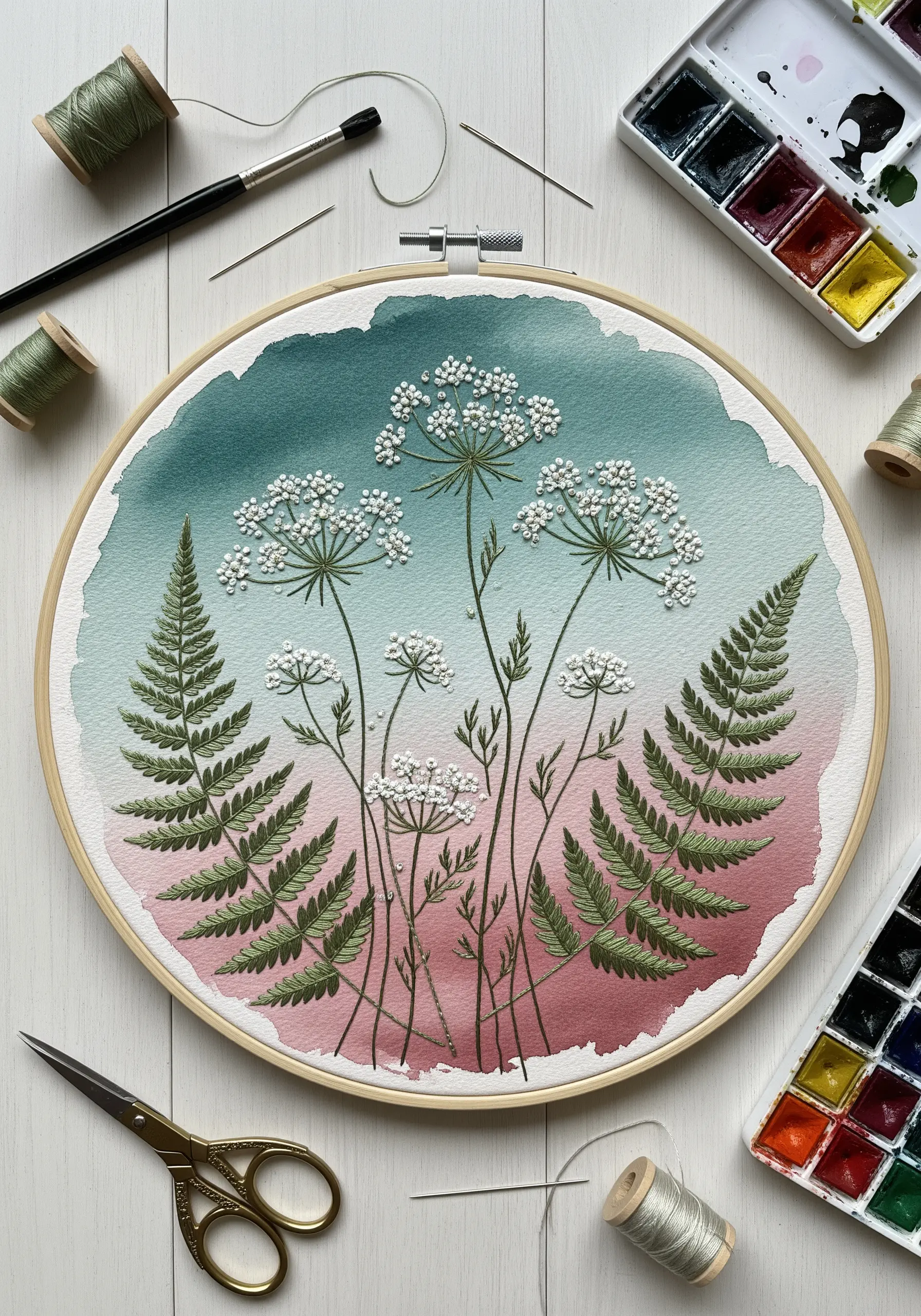 Embroidered Queen Anne's lace over a pink and teal watercolor background in a hoop.