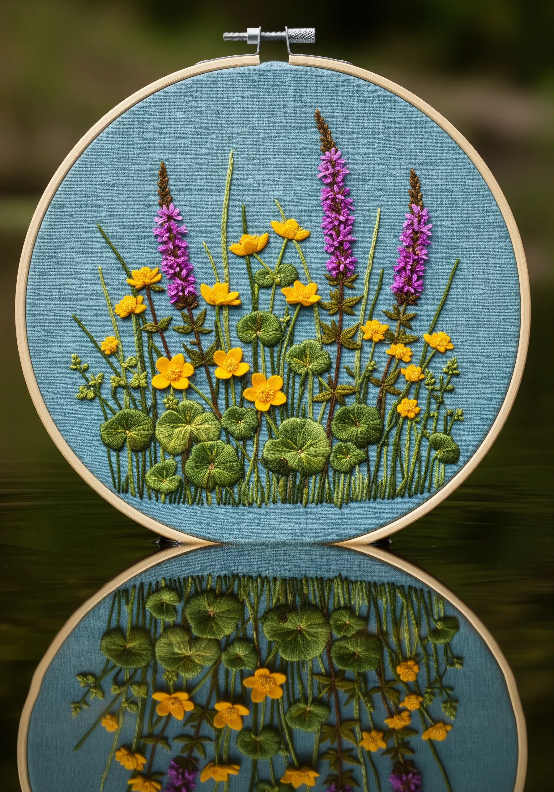 Embroidery of yellow buttercups and purple loosestrife on a blue-green fabric.