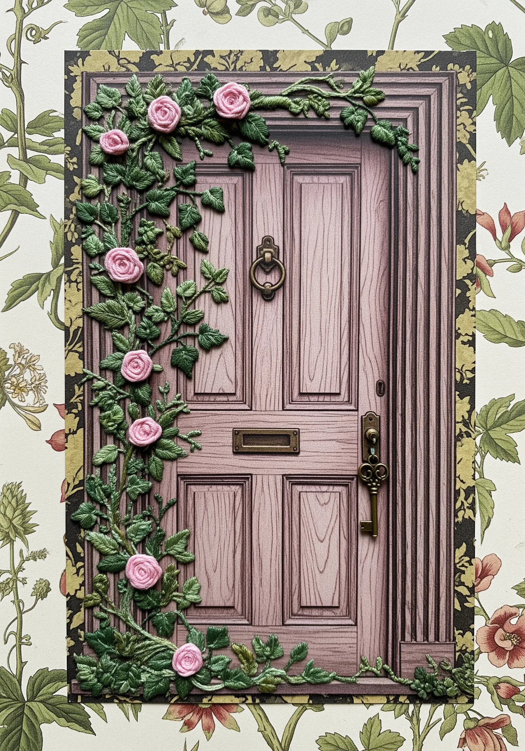 A printed image of a door with three-dimensional embroidered roses and vines climbing it.