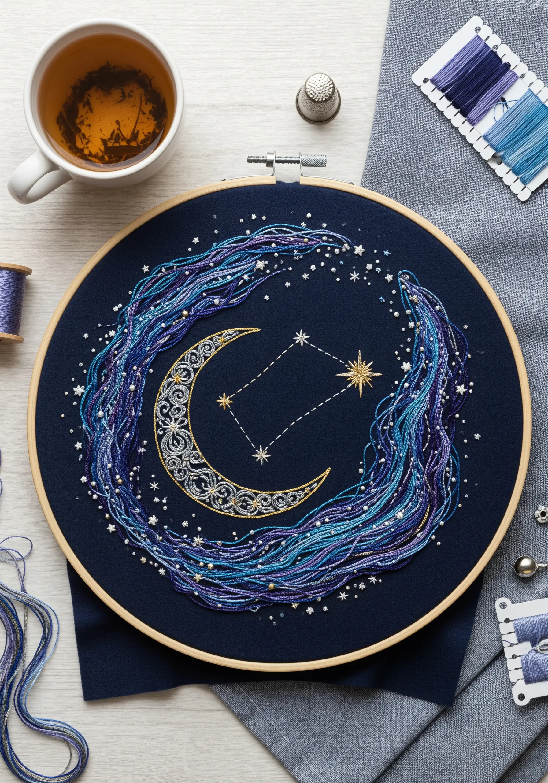 Embroidery of a crescent moon and constellation on dark blue fabric, surrounded by swirling threads.