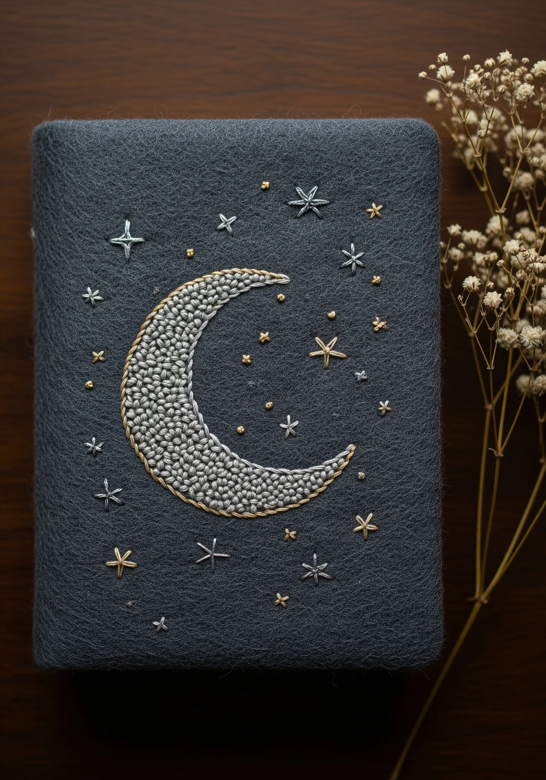 A felt journal cover embroidered with a textured crescent moon and metallic stars.