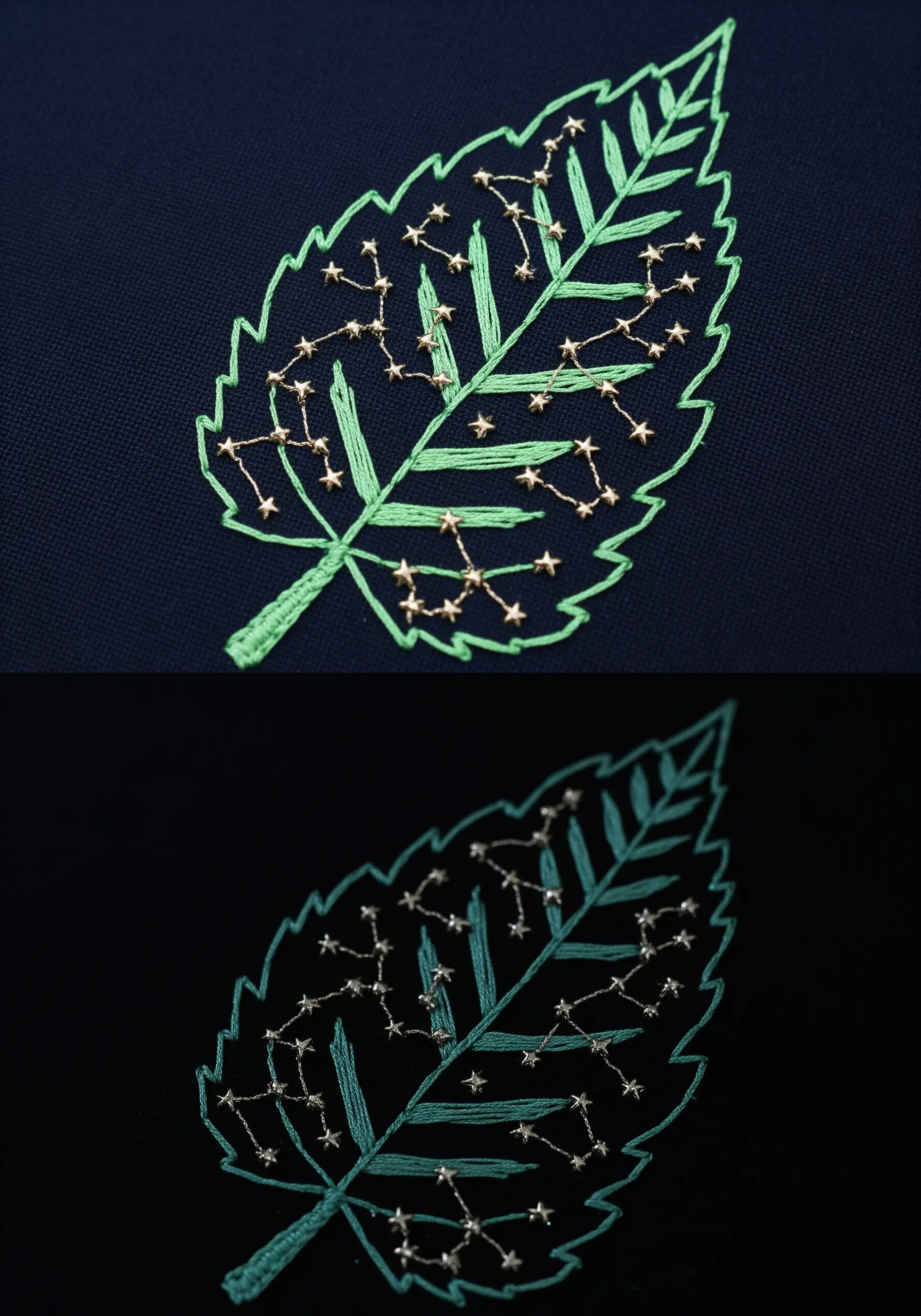 Leaf embroidery with star beads forming constellations connected by thread.