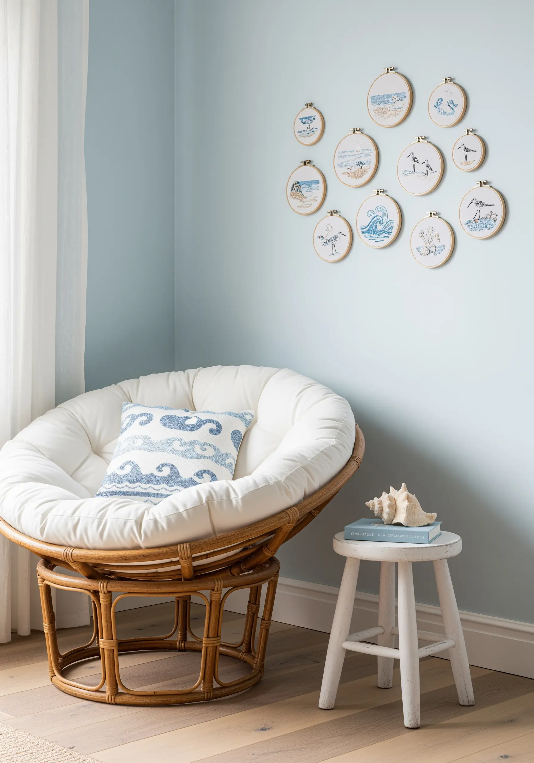 A collection of small embroidery hoops with coastal themes like waves and birds.