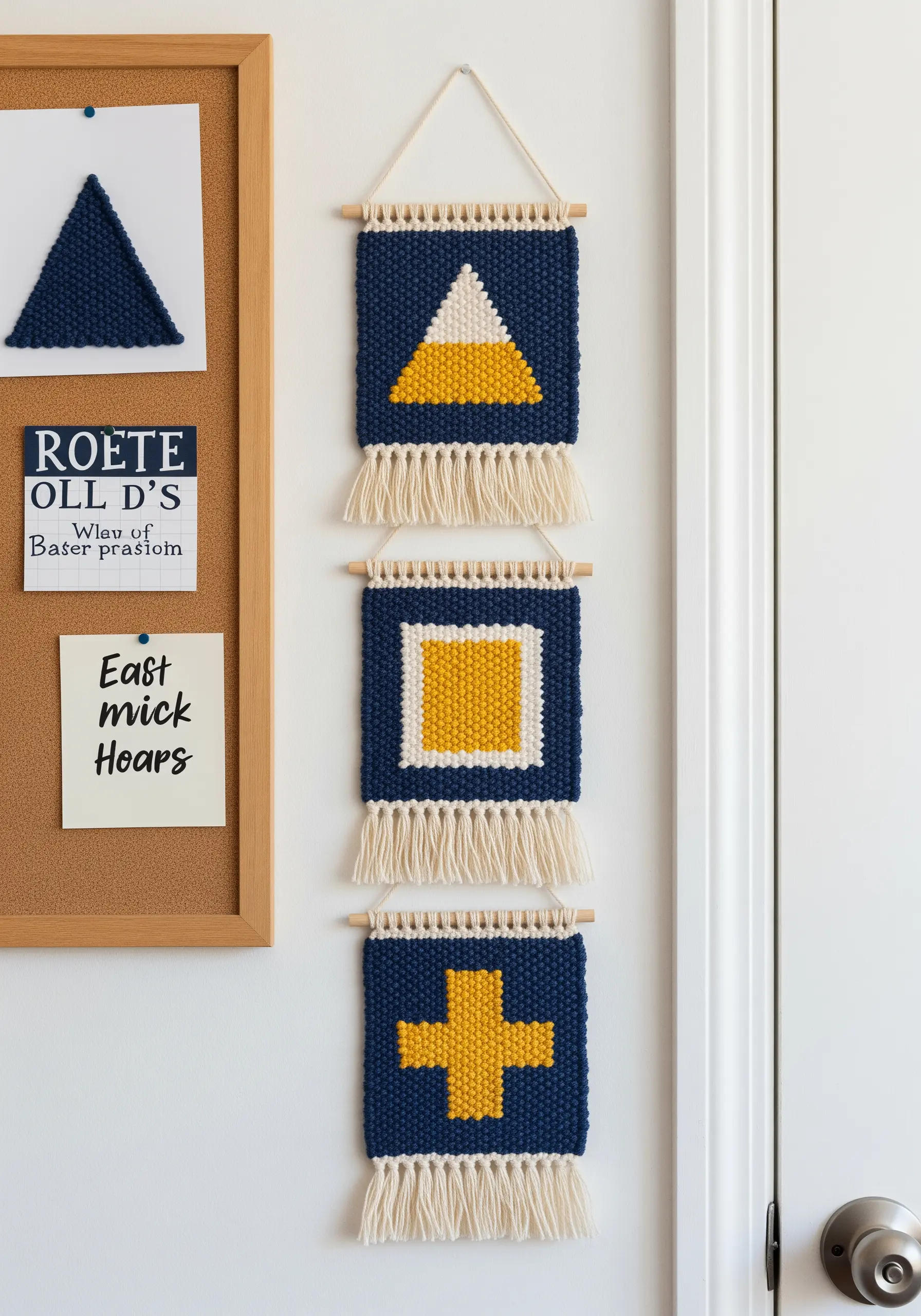 A set of three small woven banners with geometric shapes in navy, white, and yellow.