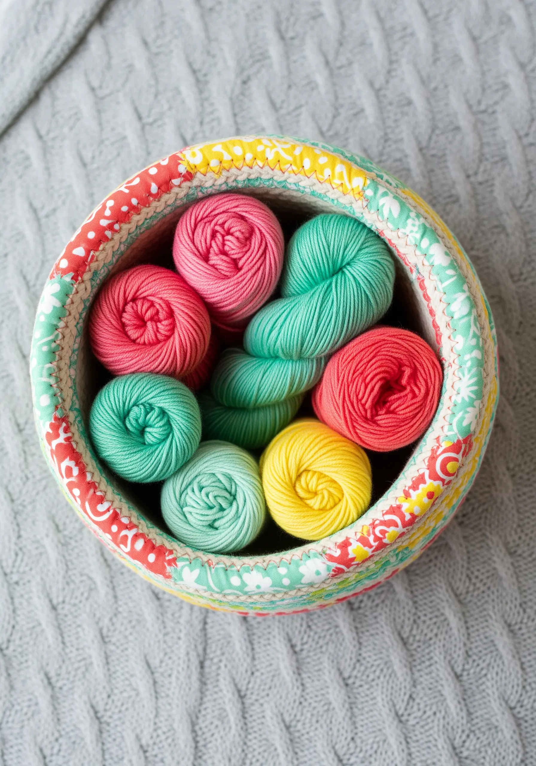 A colorful fabric-wrapped rope bowl filled with balls of yarn.
