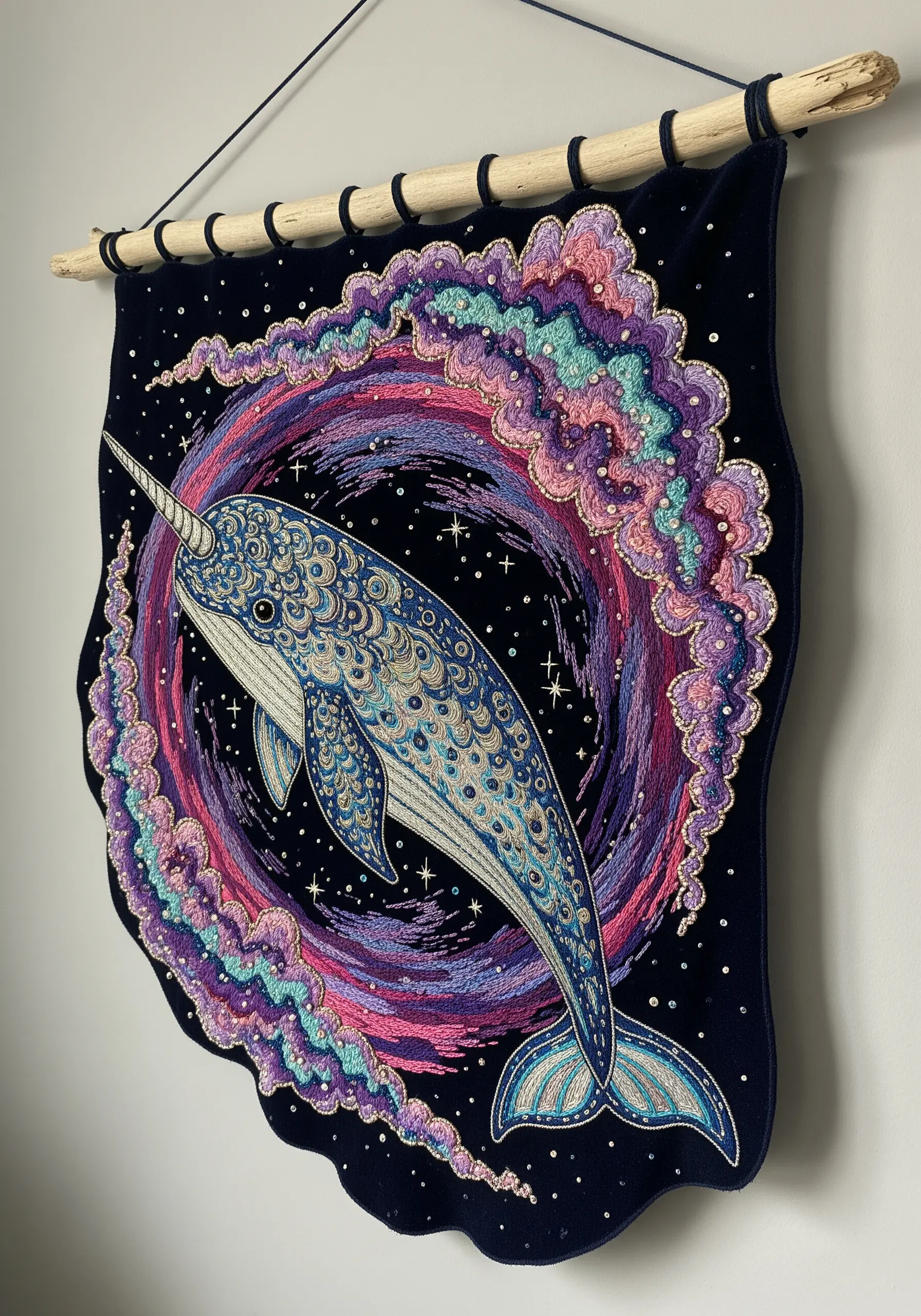 A large wall hanging of a narwhal swimming through a swirling galaxy embroidered on dark velvet.