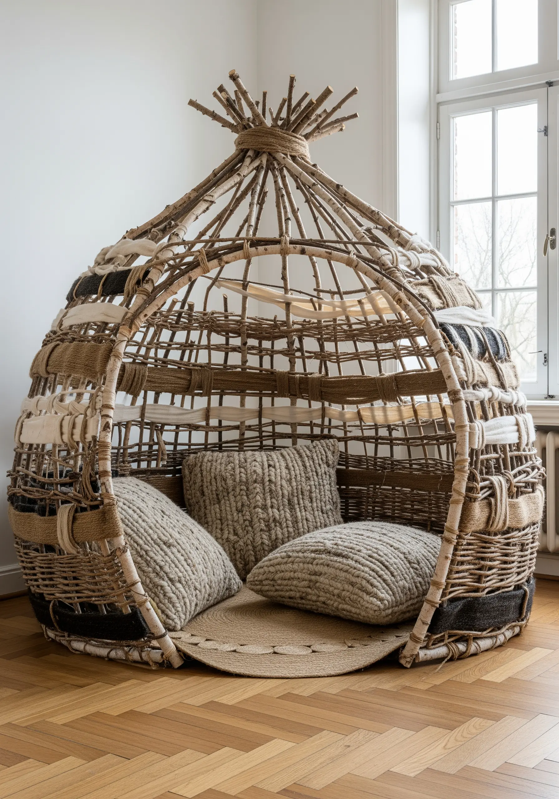 A cozy, dome-shaped hut woven from birch branches and thick, neutral-toned yarn, filled with cushions.