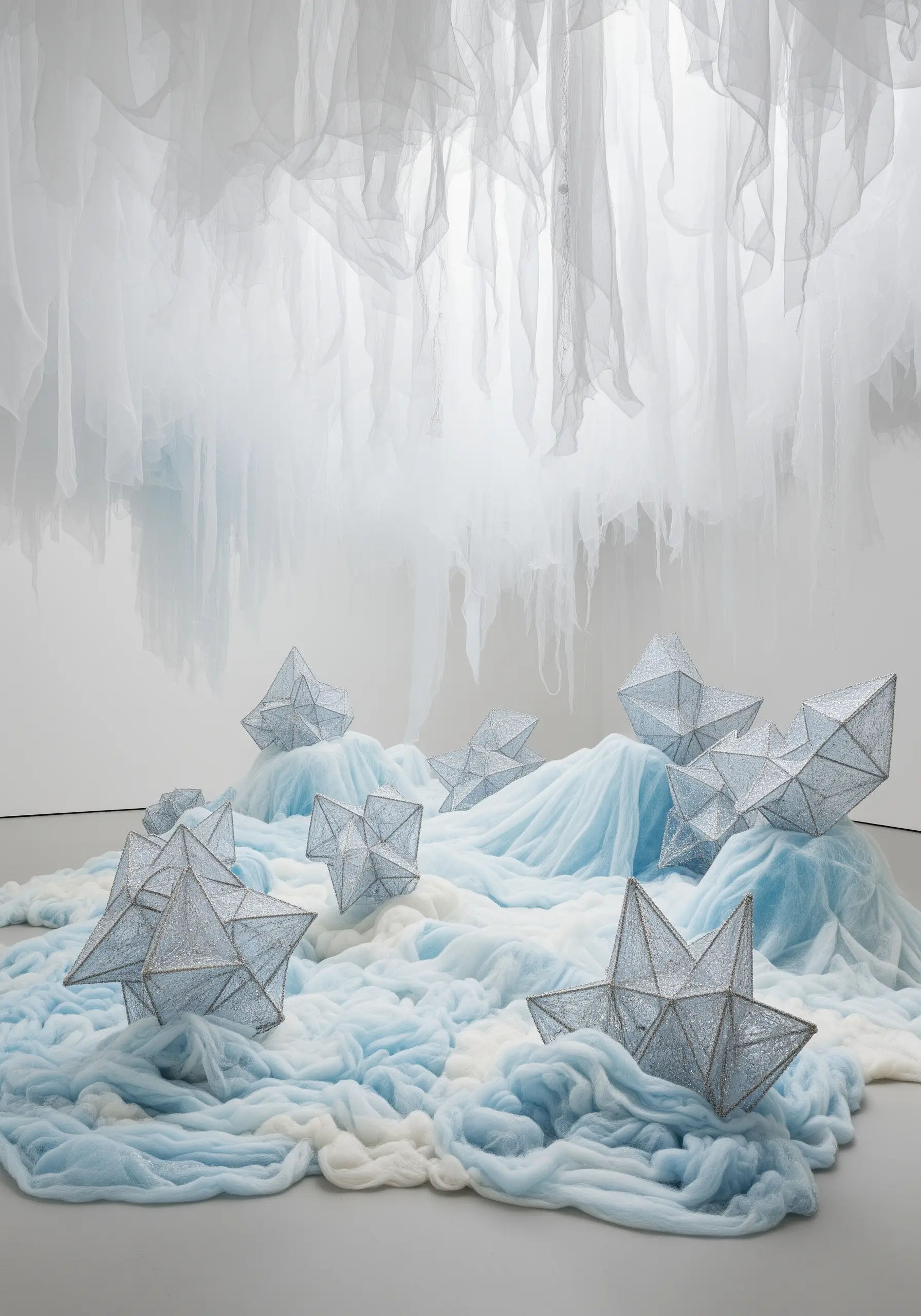 A dream-like installation with soft blue and white textiles forming a landscape for geometric, glittery stars.