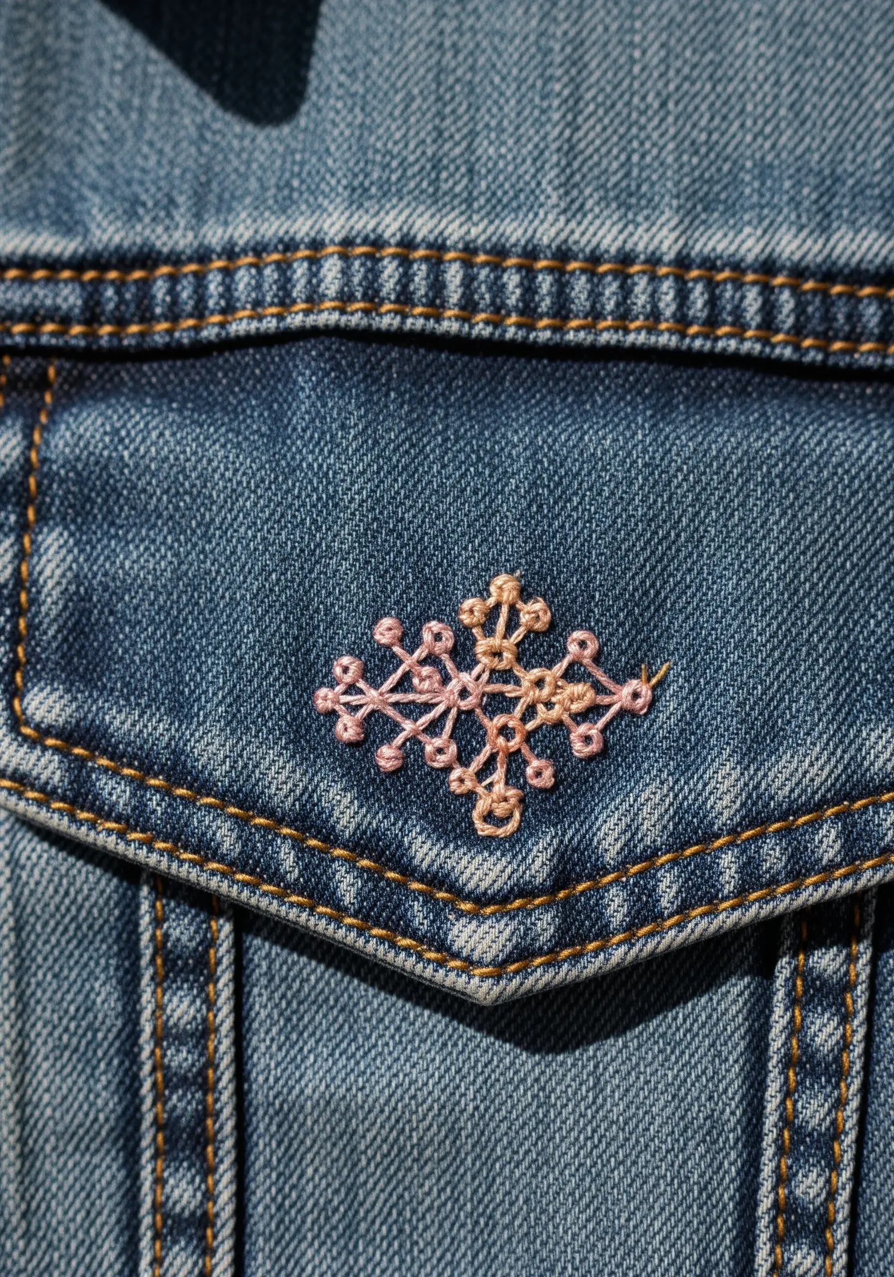 A delicate lattice of pink and beige French knots and straight stitches on a denim pocket.
