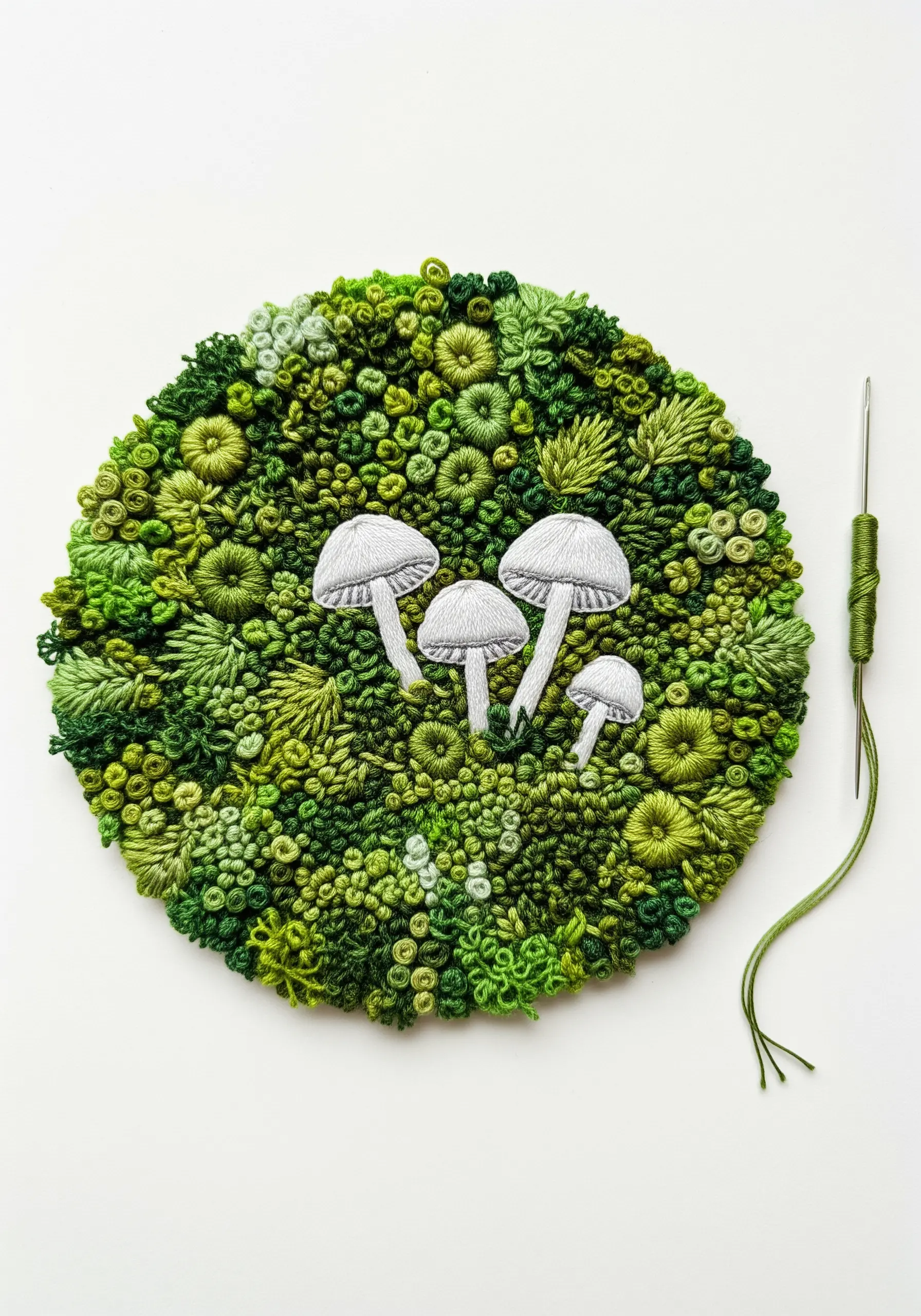 Highly textural mossy landscape made with French knots, surrounding simple white mushrooms.
