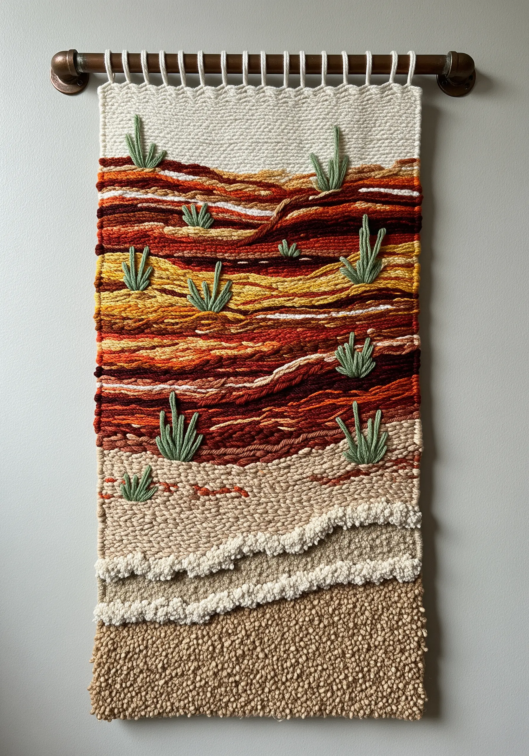 Woven wall hanging of a desert landscape in earth tones with small embroidered cacti.