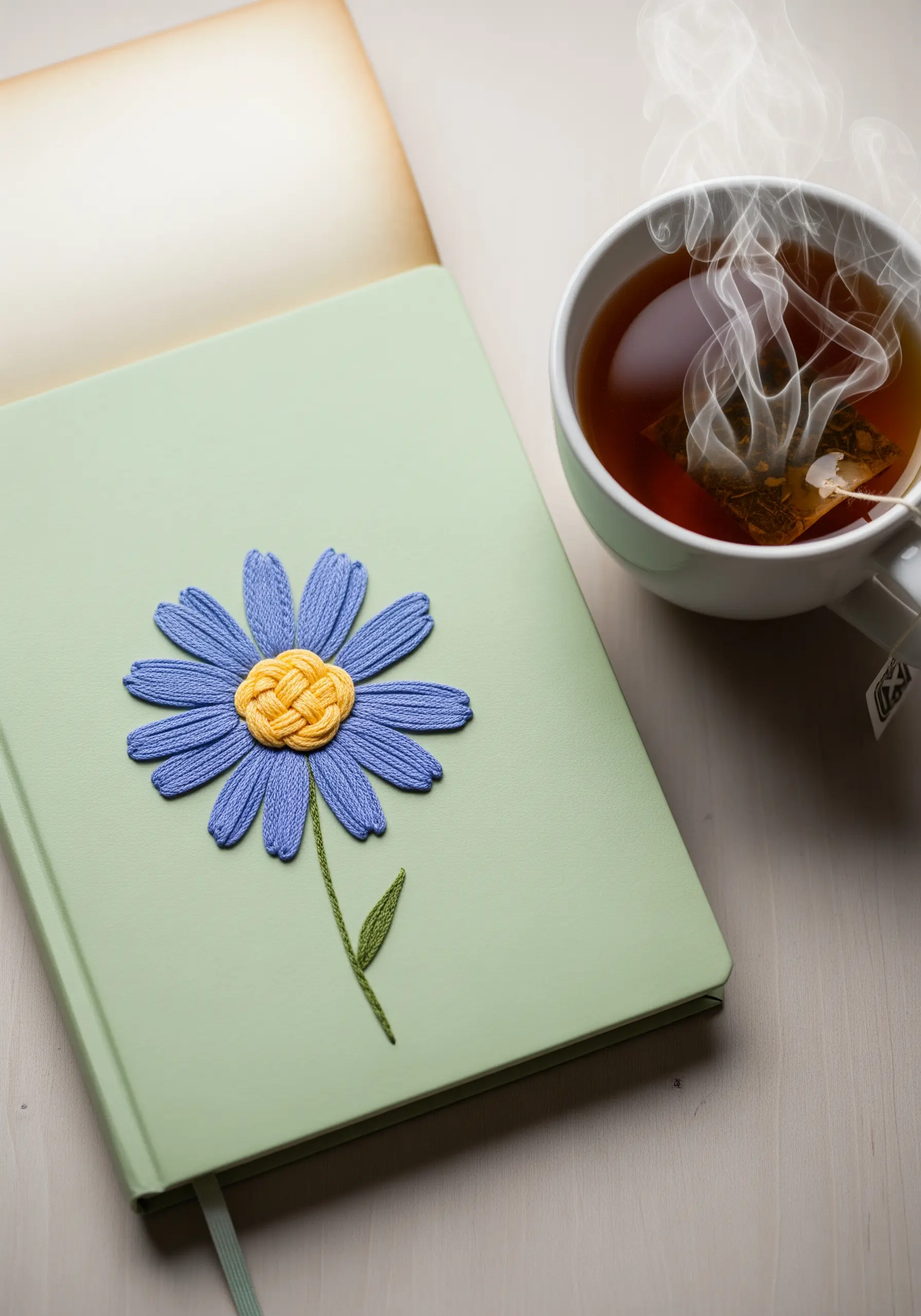 A blue daisy with a raised, woven yellow center on a light green notebook.