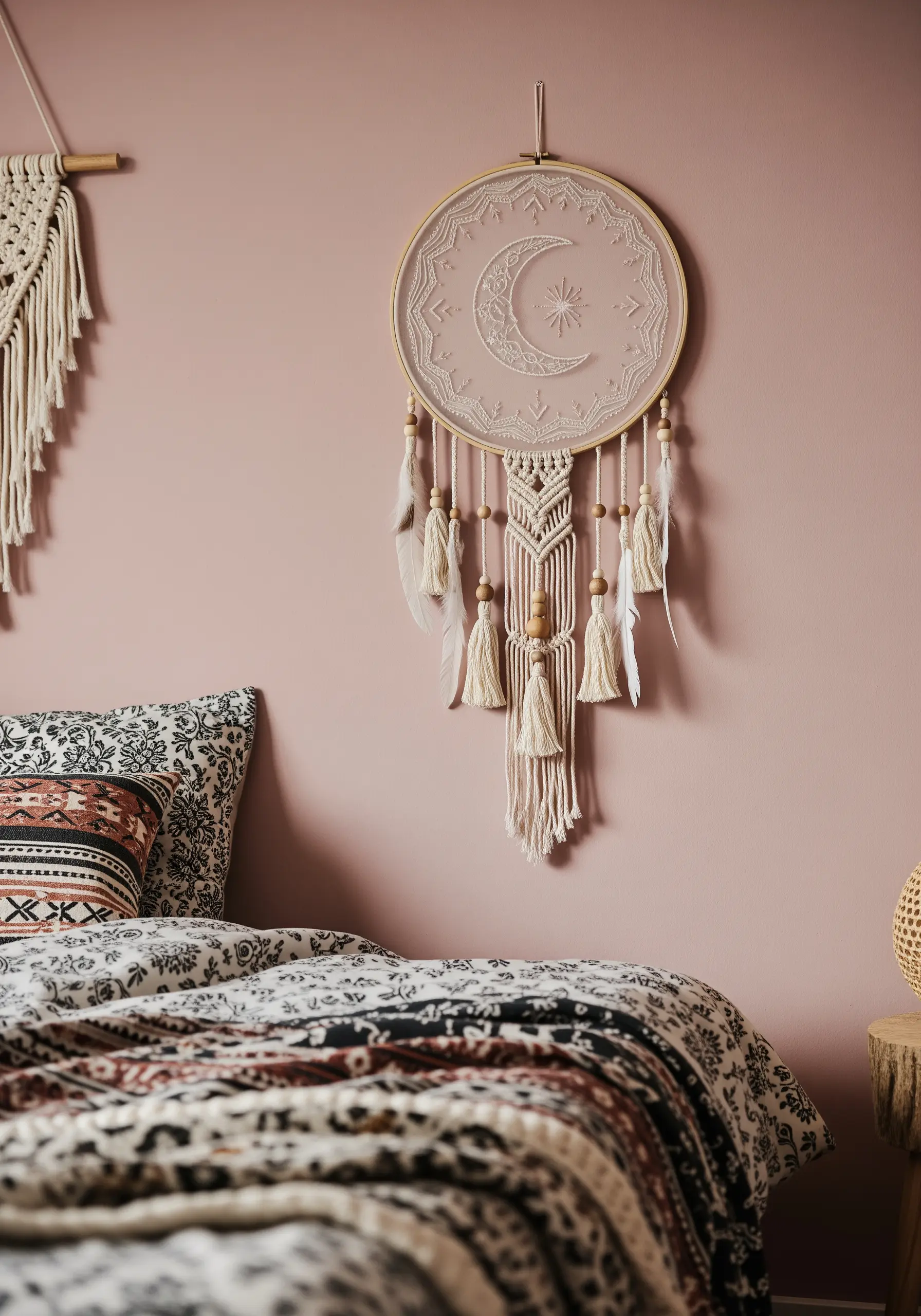 An embroidered moon on sheer fabric, finished as a dreamcatcher with macrame and tassels.