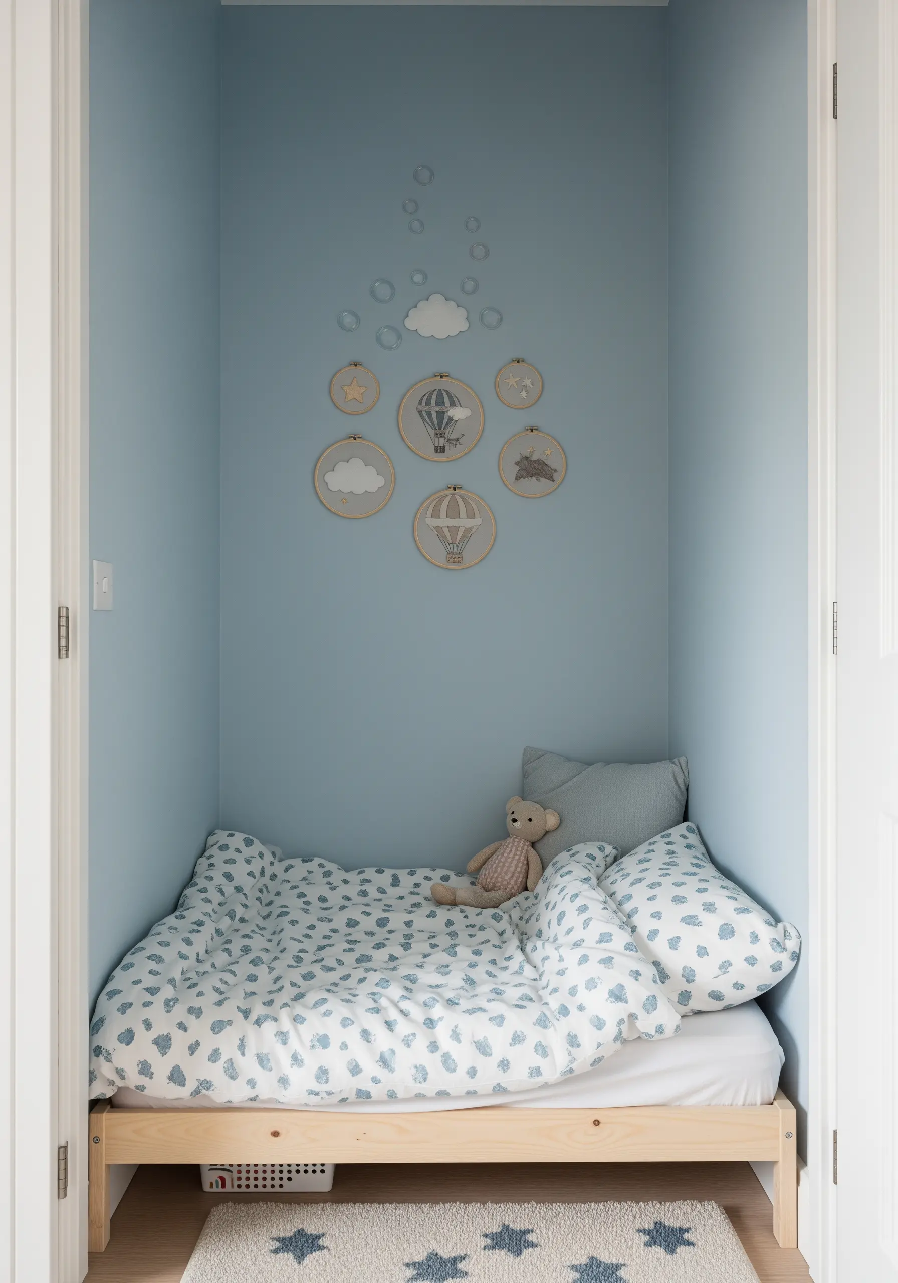 A collection of hoops with clouds, stars, and hot air balloons above a child's bed.