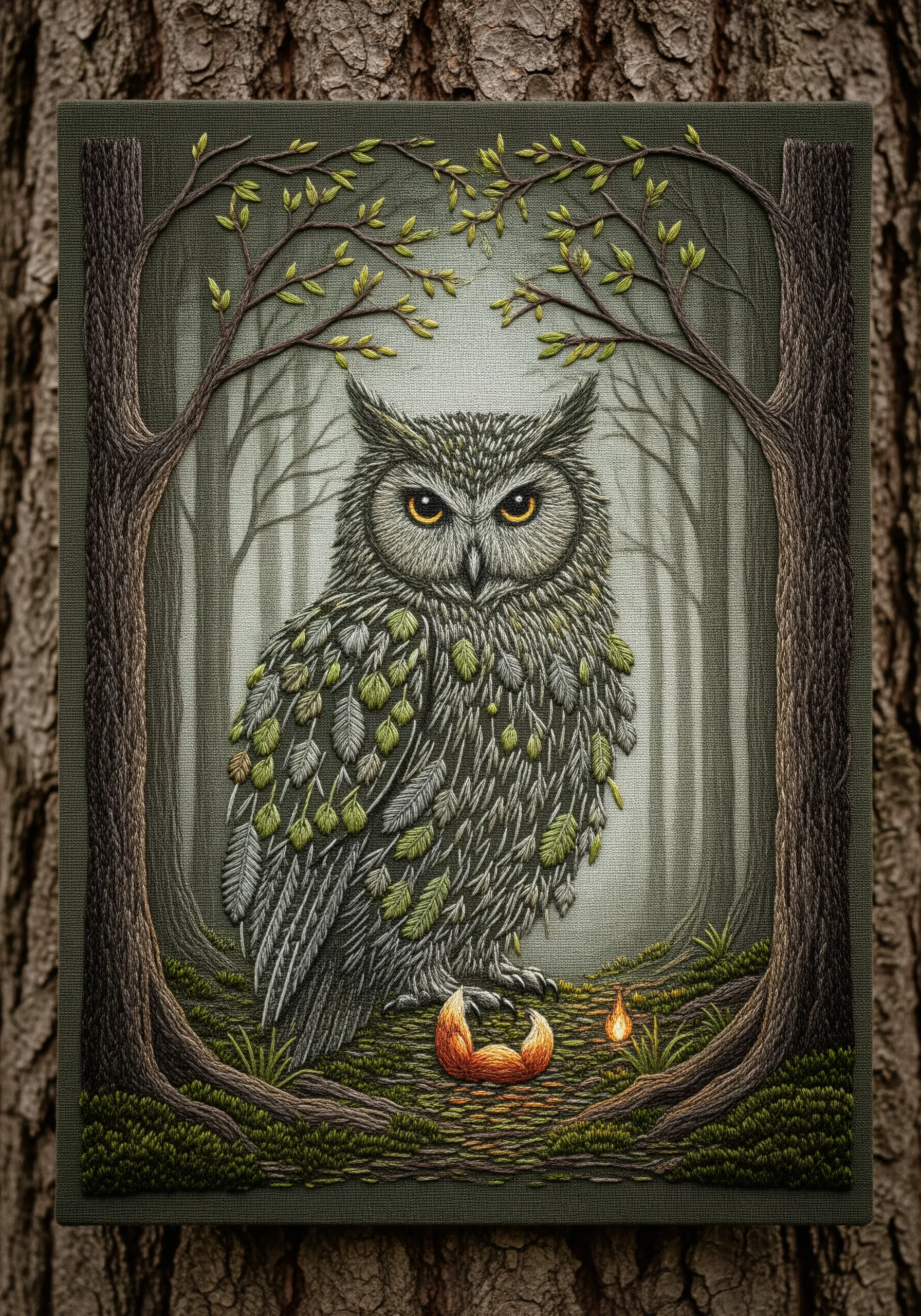 An embroidered owl whose feathers are made of small, layered green and grey leaf-shaped stitches.