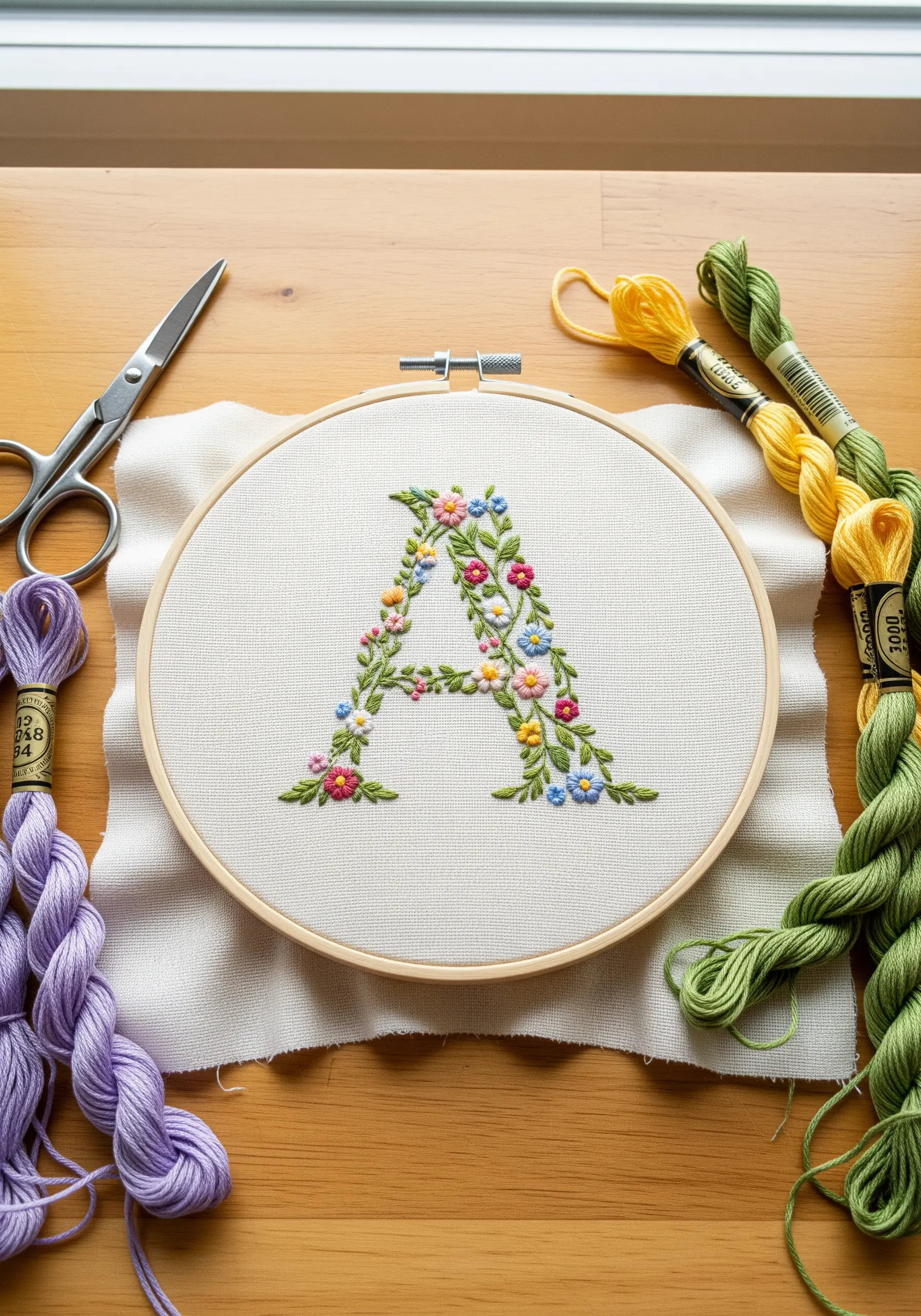 A letter 'A' intricately filled with tiny embroidered flowers in various colors.