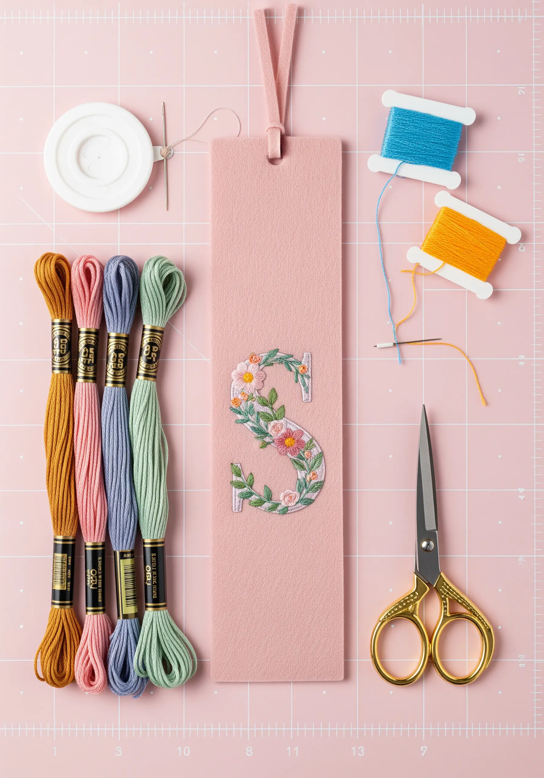 The letter 'S' embroidered as a floral monogram with pink, blue, and green flowers on a pink bookmark.