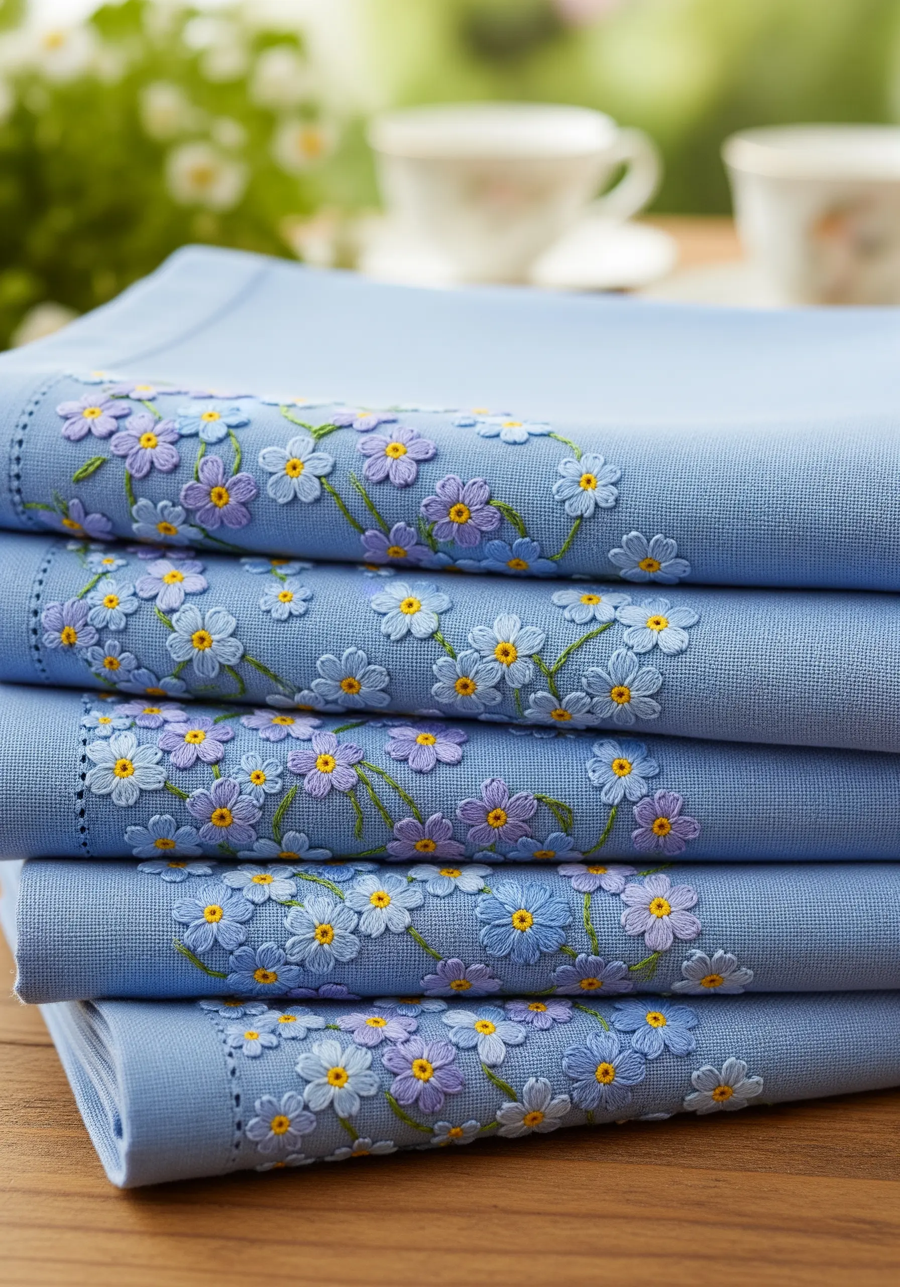 A dense band of embroidered blue, purple, and lavender forget-me-nots on stacked napkins.