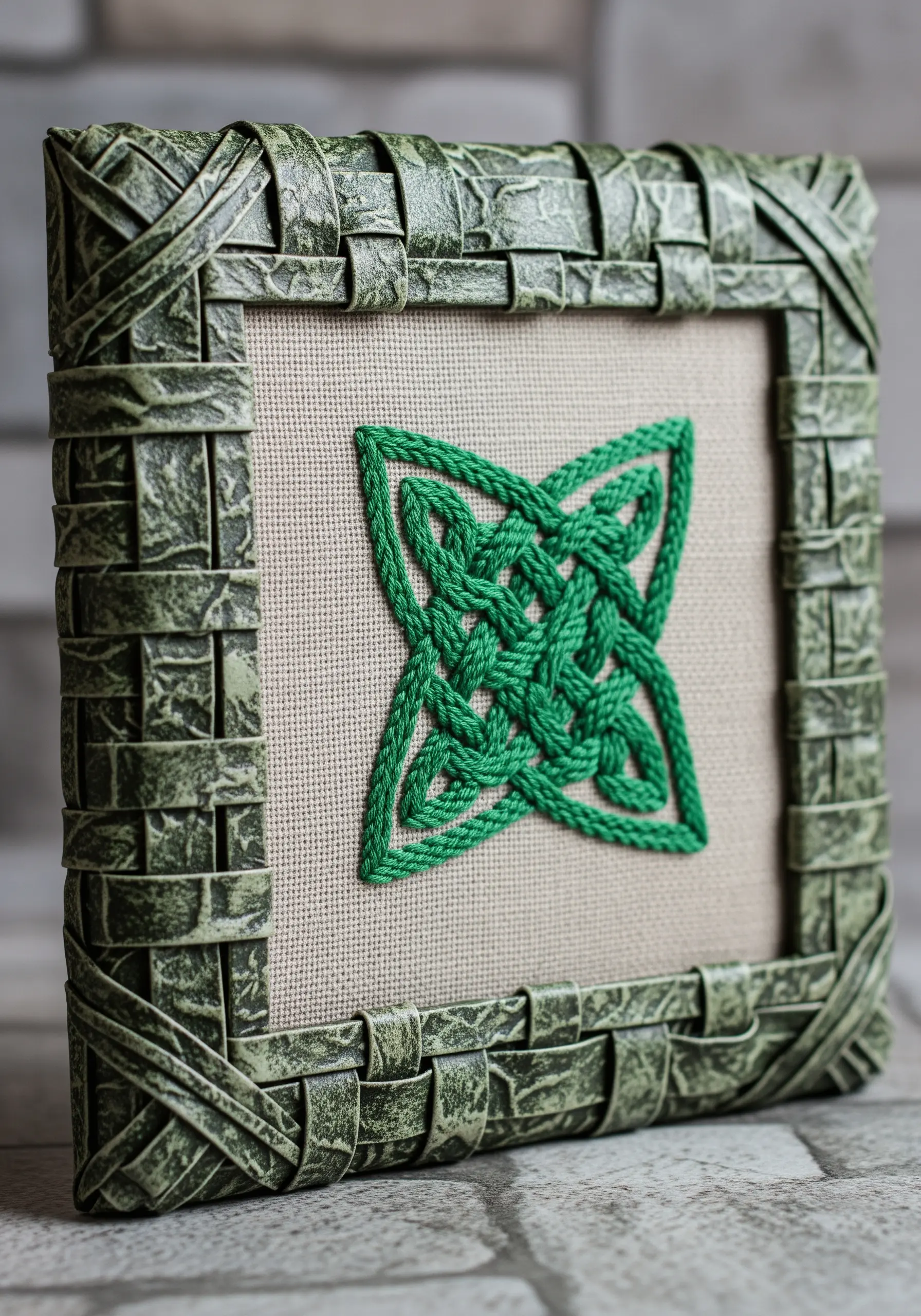Green embroidered Celtic knot on canvas with a frame made of woven, distressed paper strips.