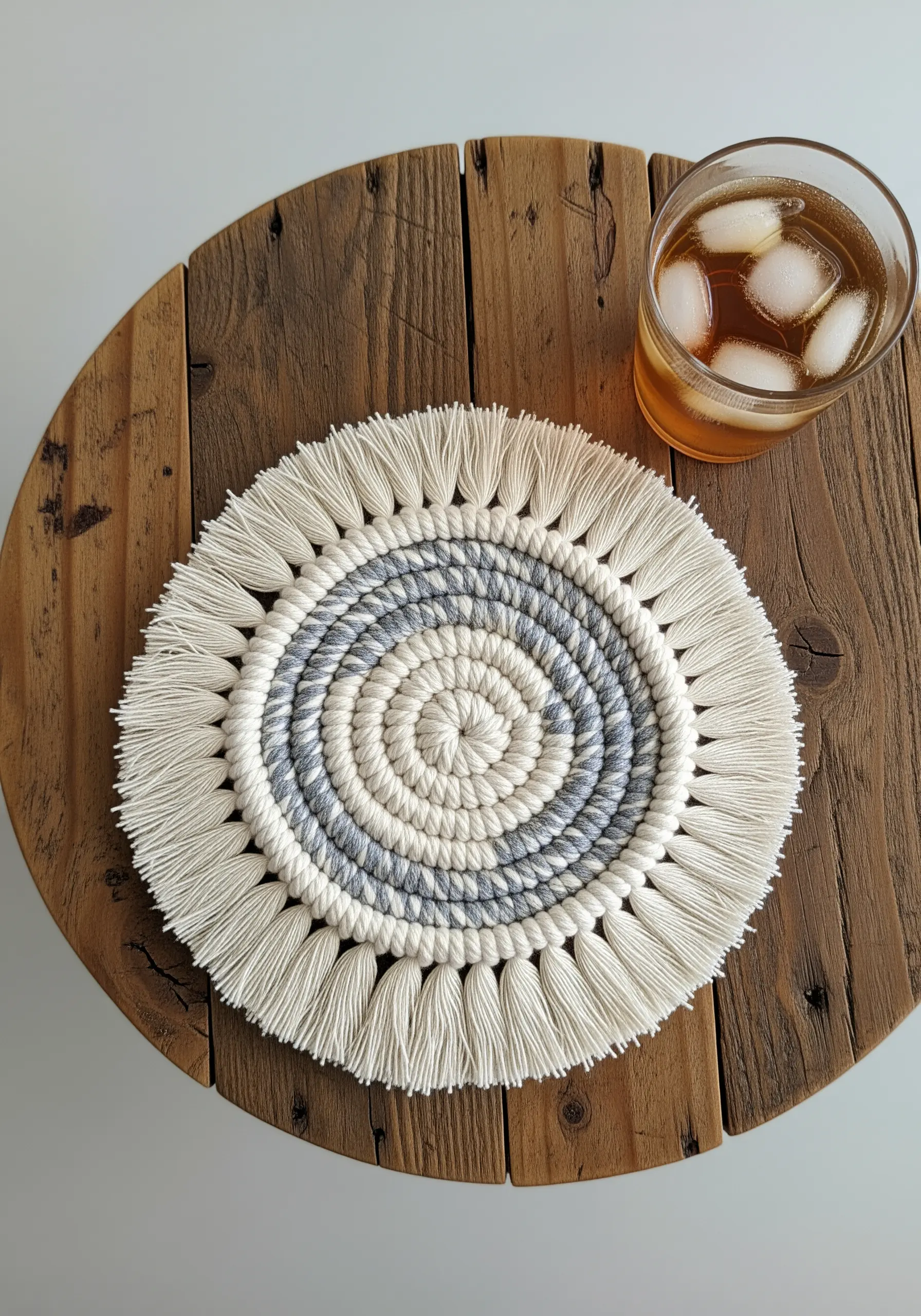 A round, coiled rope coaster in white and grey with a fringed edge.