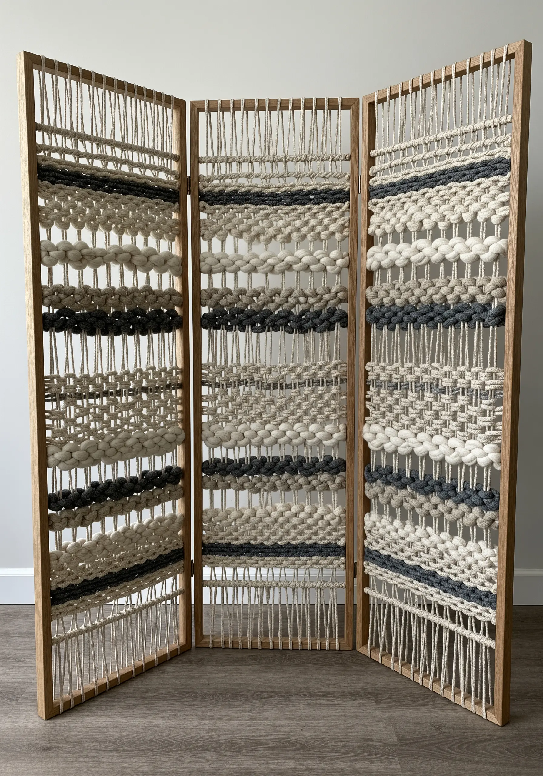 A three-panel wooden folding screen with chunky grey and cream yarn woven horizontally.