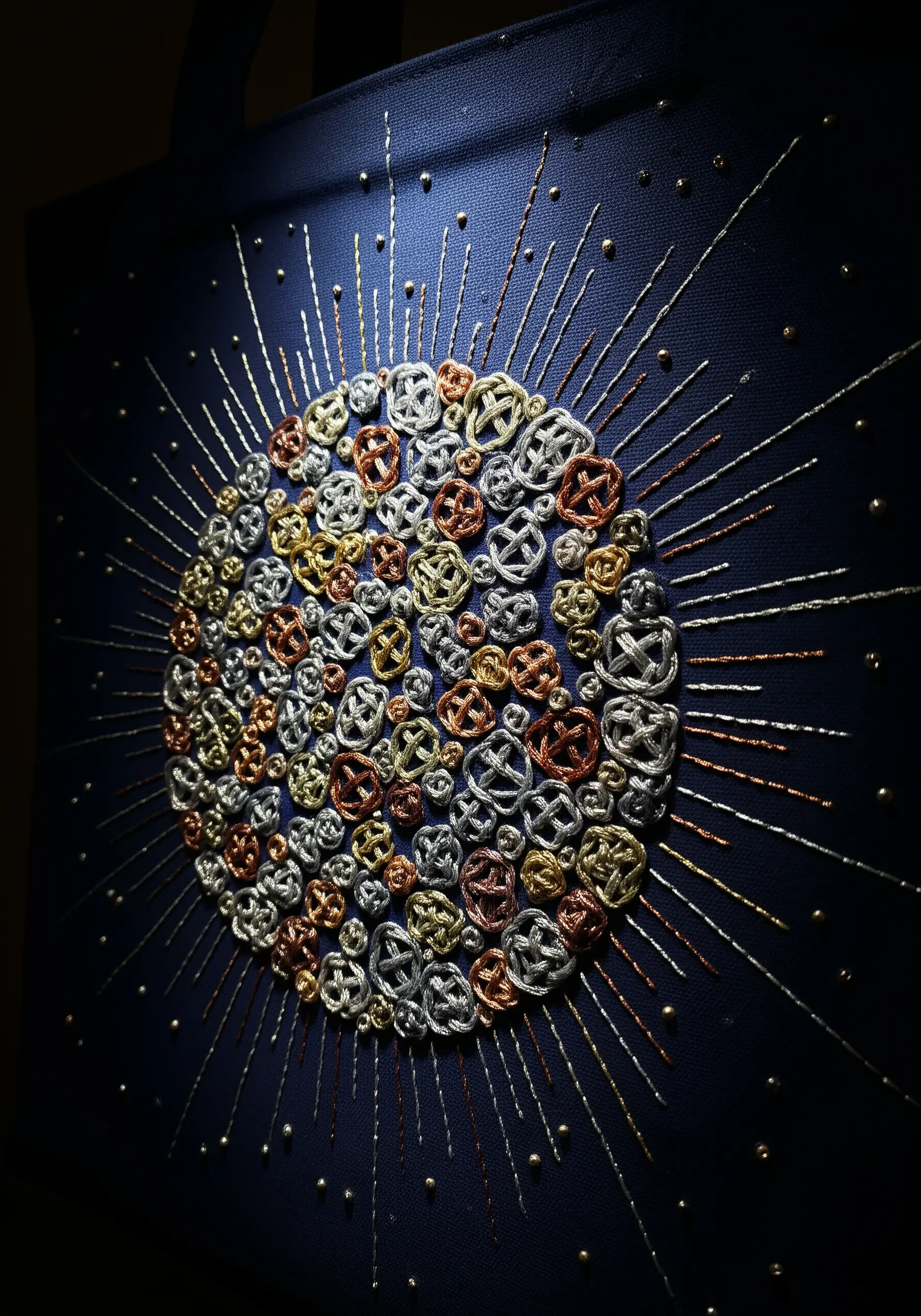 A celestial orb made of gold, silver, and copper bullion knots with radiating stitches.