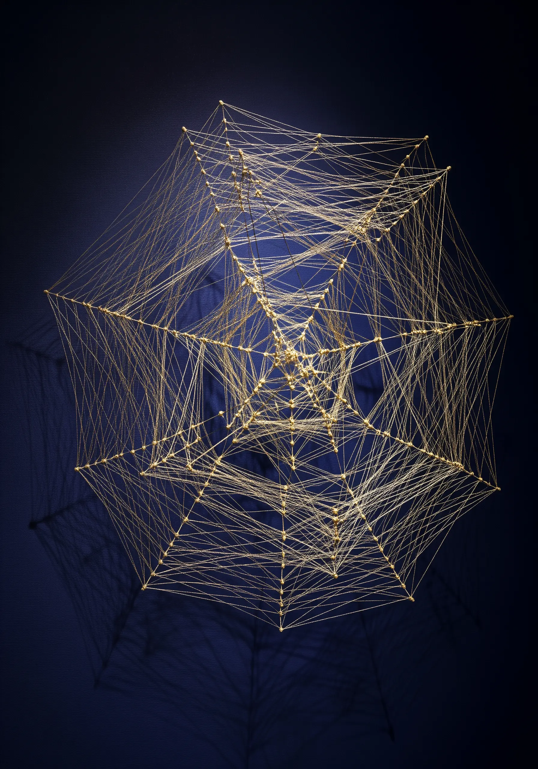 A delicate, geometric web of gold string art on a dark blue background.