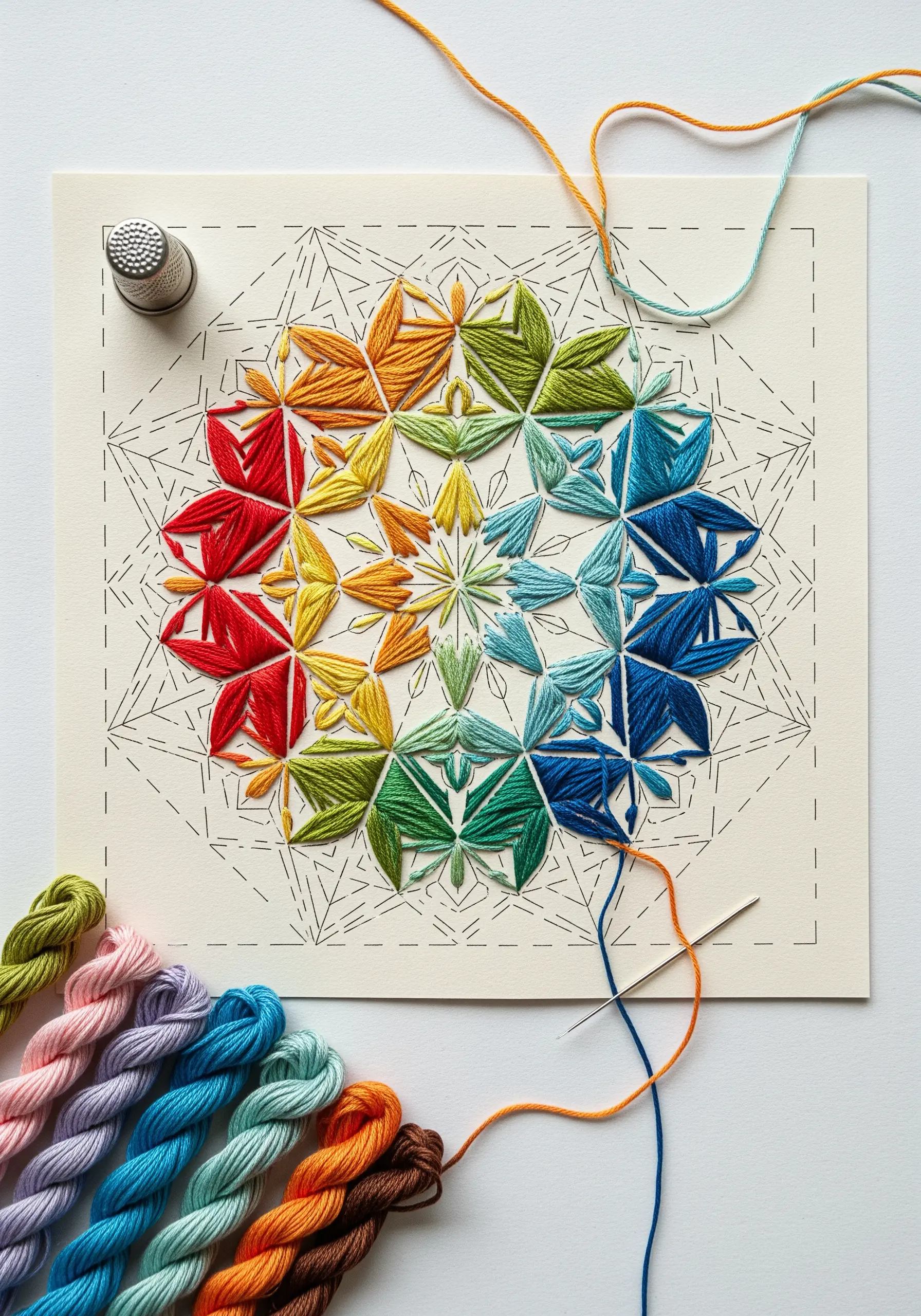 A geometric string art mandala on paper, half-filled with a rainbow gradient of embroidery floss.