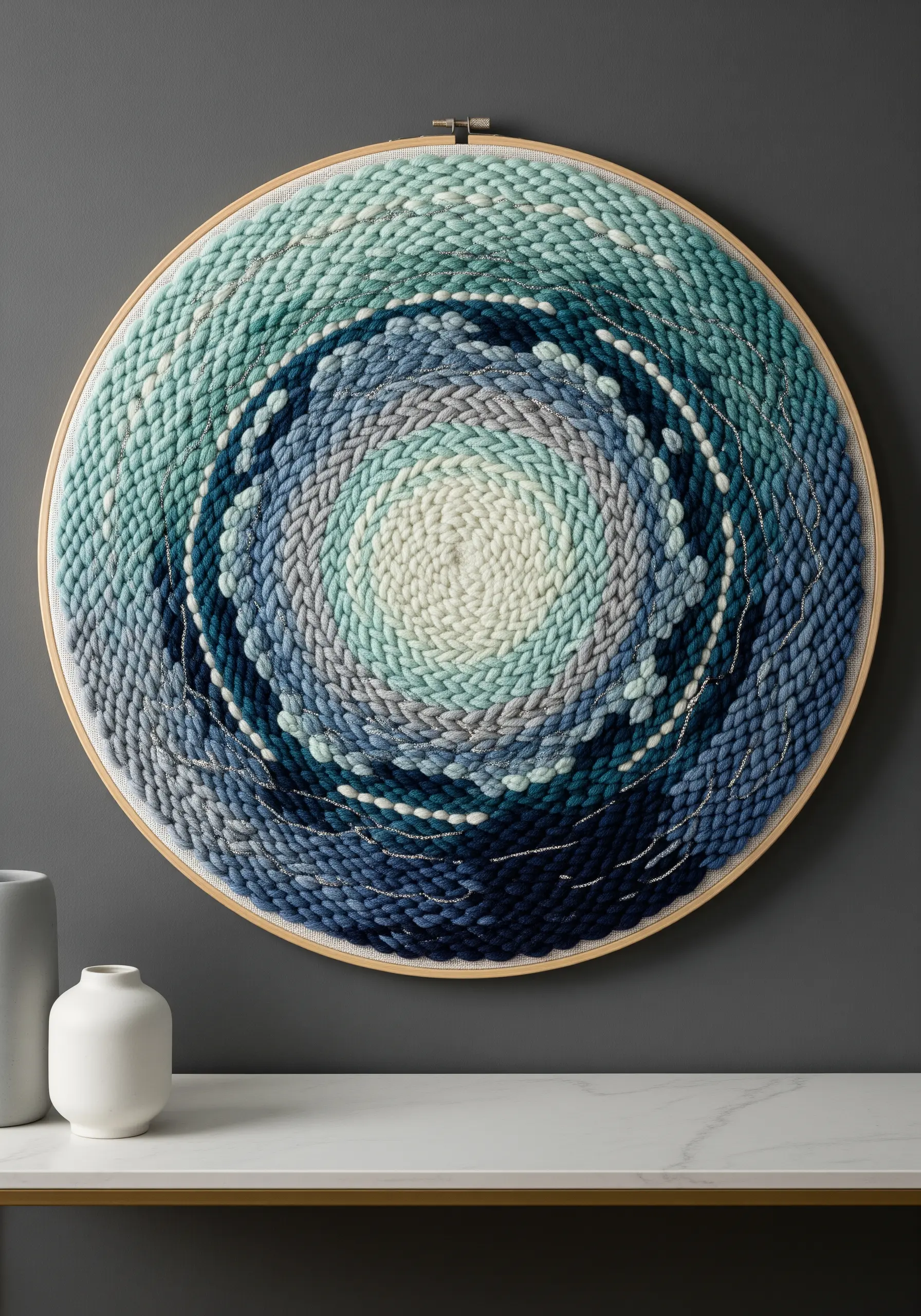 Circular woven wall art with a blue-green gradient spiraling from a light center