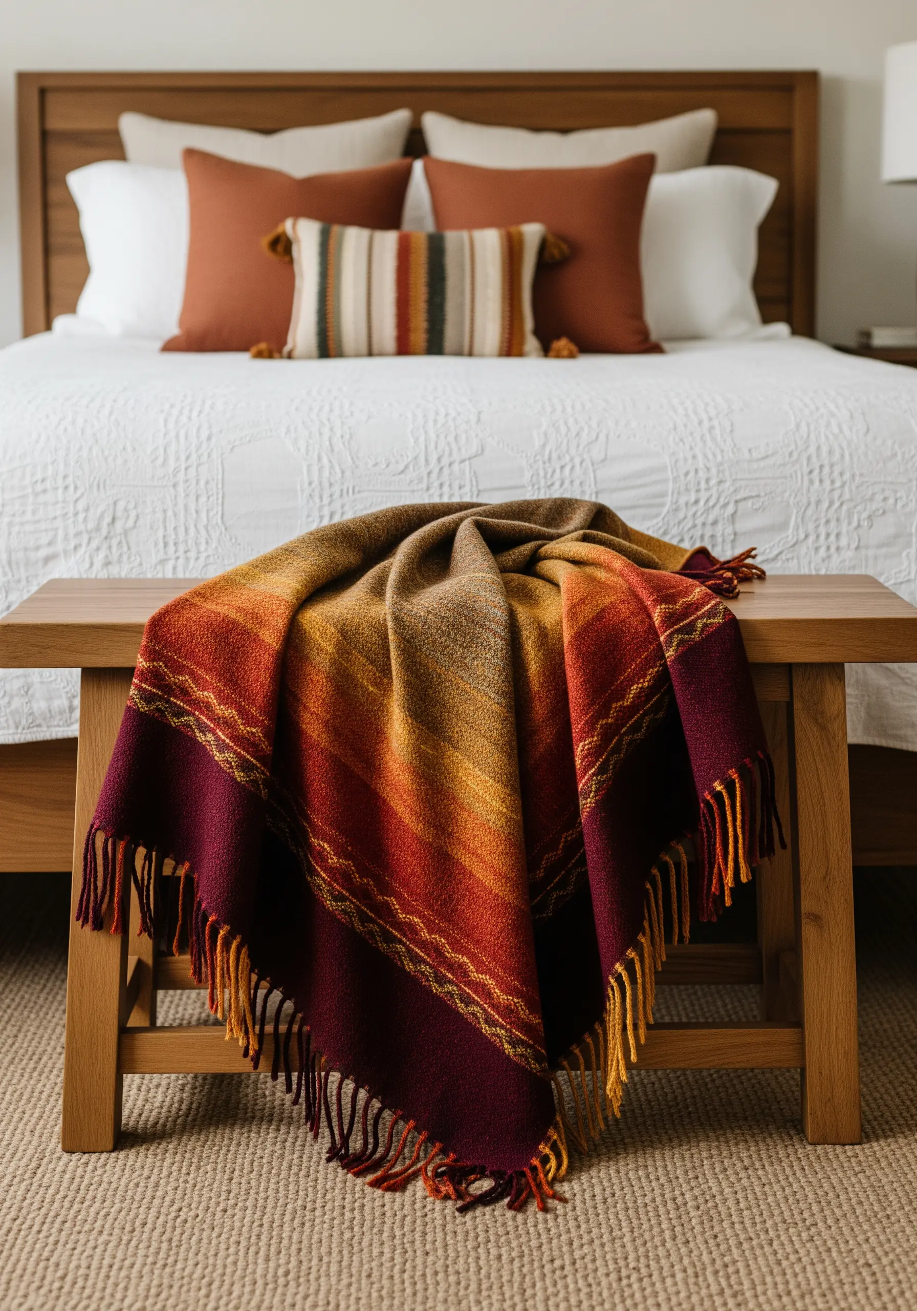 A thick throw blanket with a warm, earthy gradient of red, orange, and brown, draped over a bench.