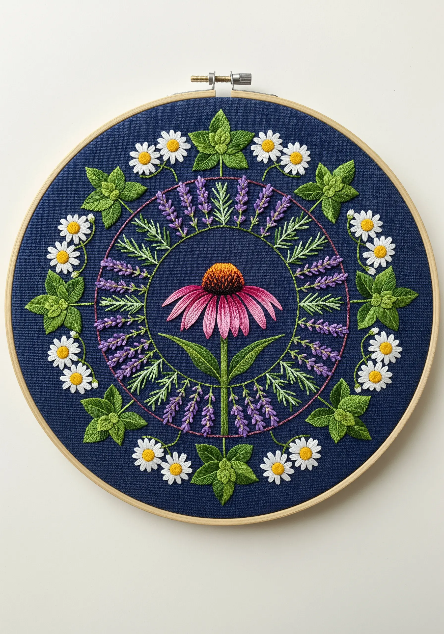 A large, circular mandala embroidery featuring echinacea, chamomile, mint, and lavender on blue fabric.