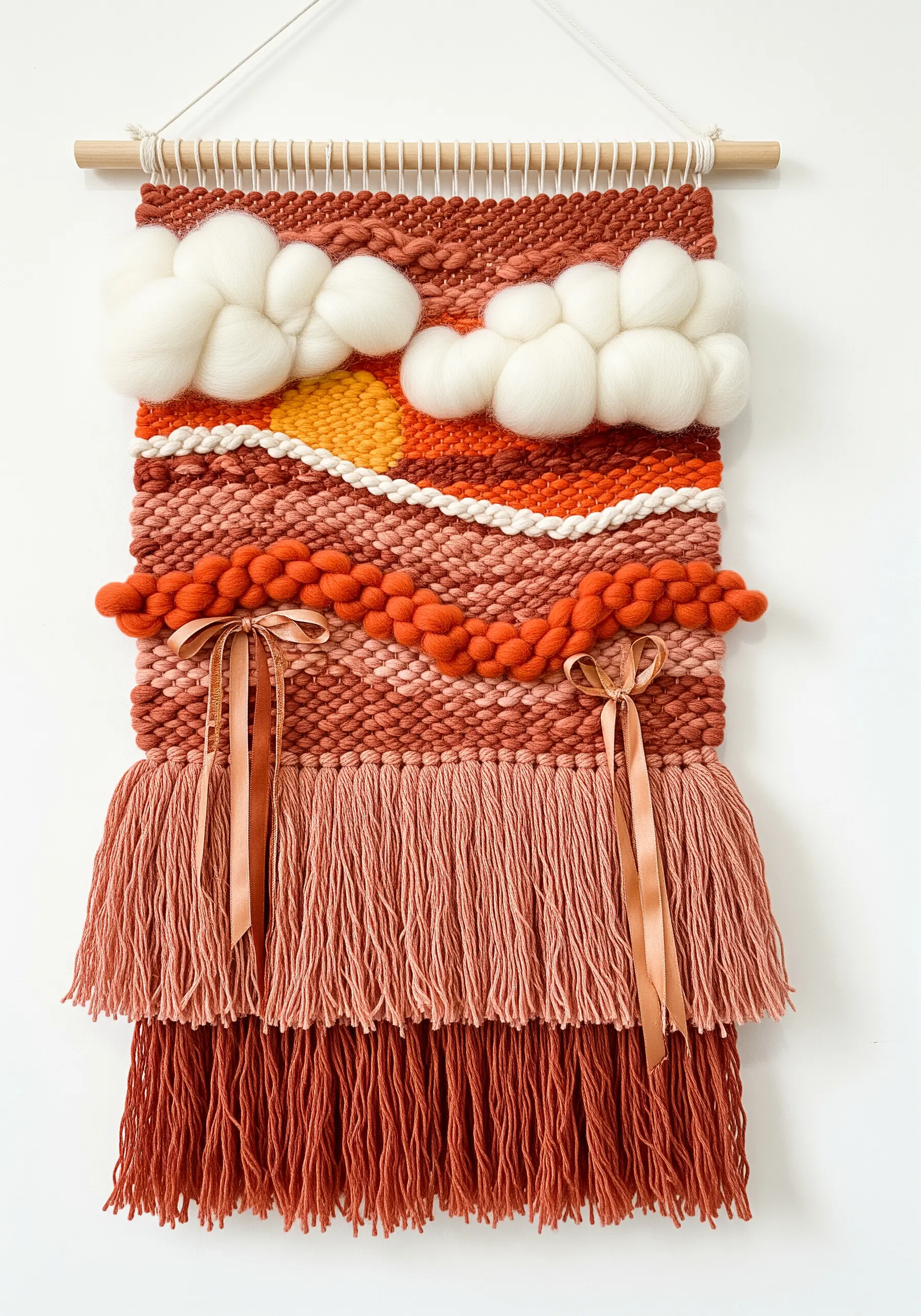 Woven wall hanging depicting a sunset landscape with fluffy white roving clouds and textured yarn.