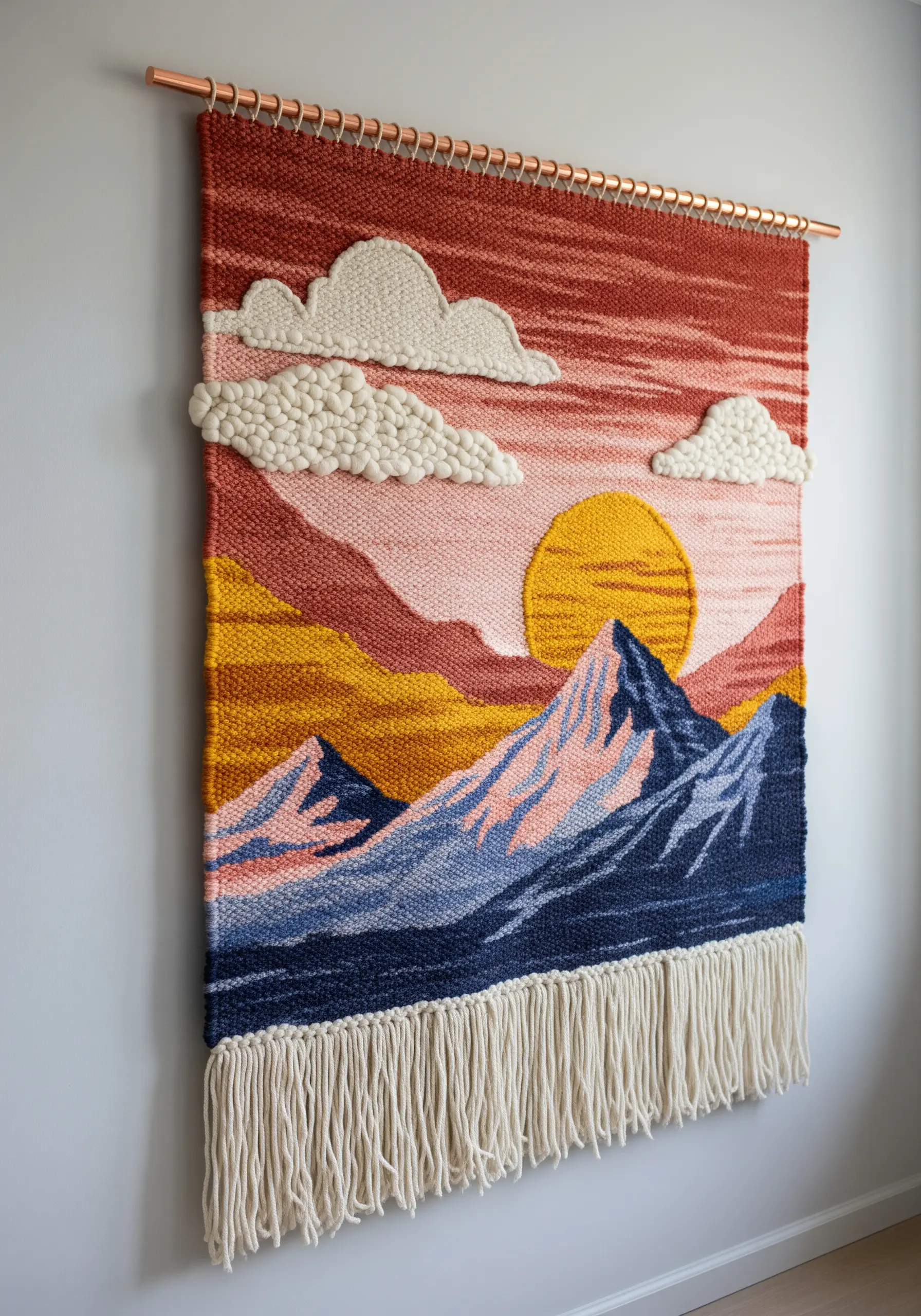 Woven wall tapestry of a mountain landscape with a red sky and textured white clouds.