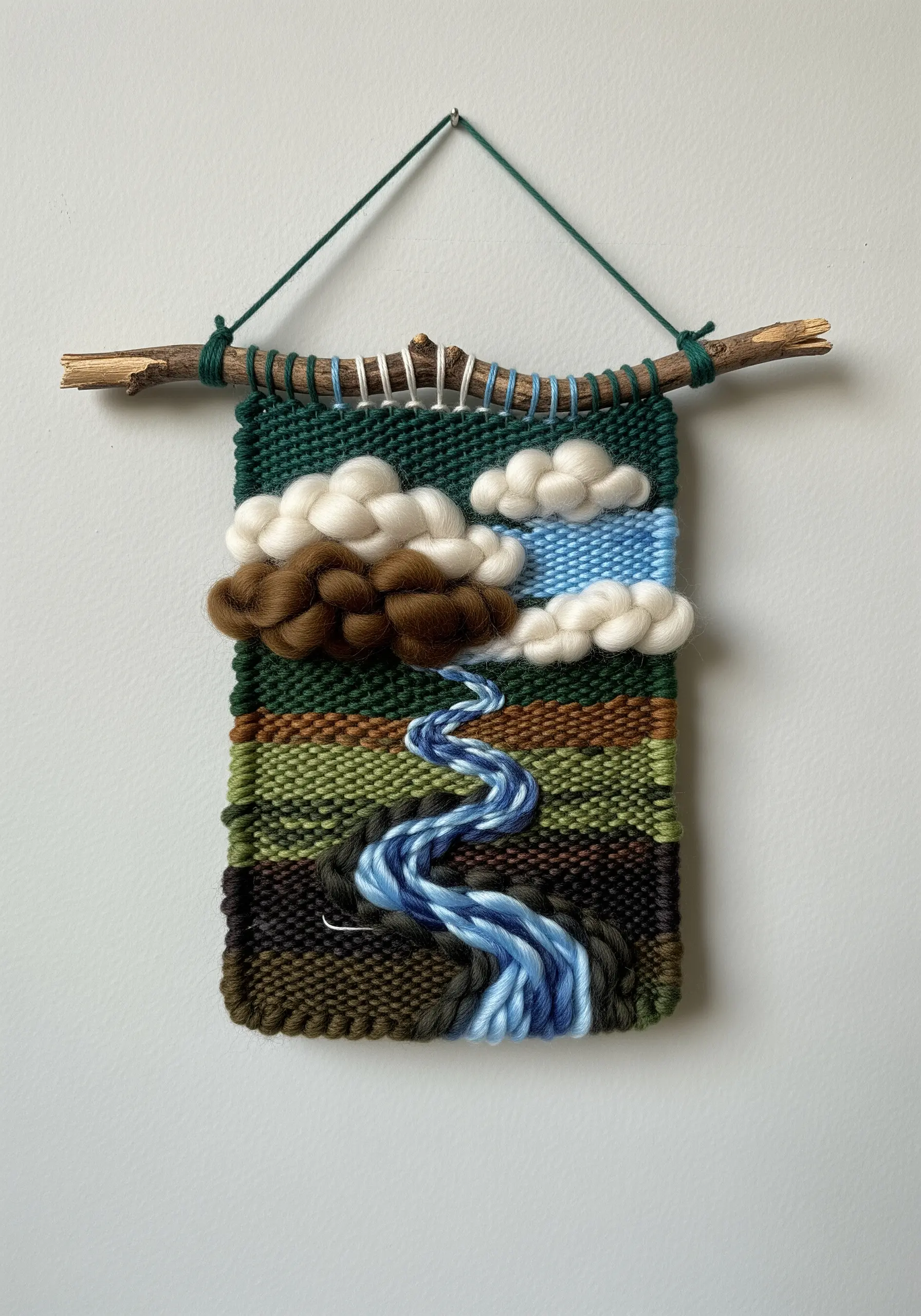 A small woven wall hanging depicting a landscape with puffy clouds and a river.