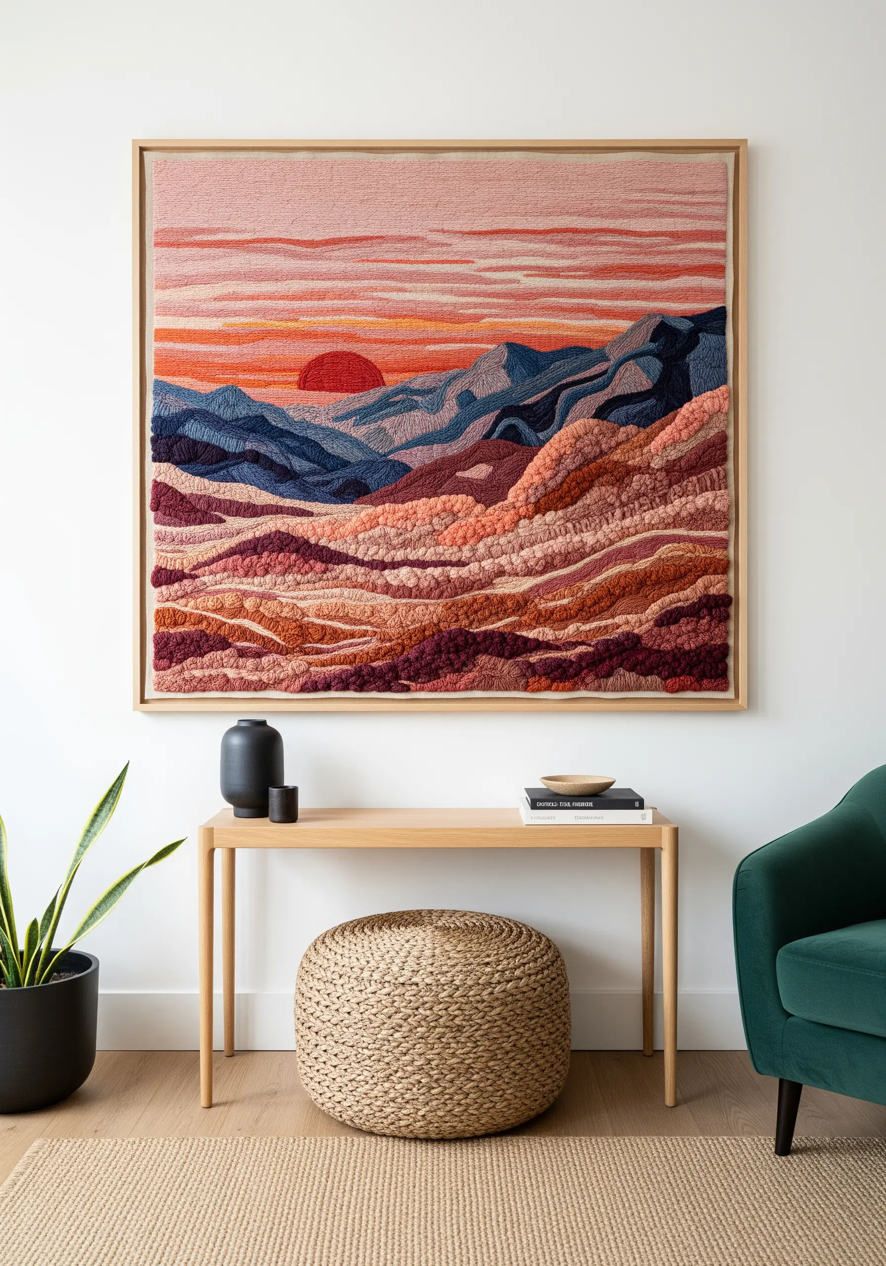 Large framed embroidery wall art of a textured, colorful mountain landscape at sunset