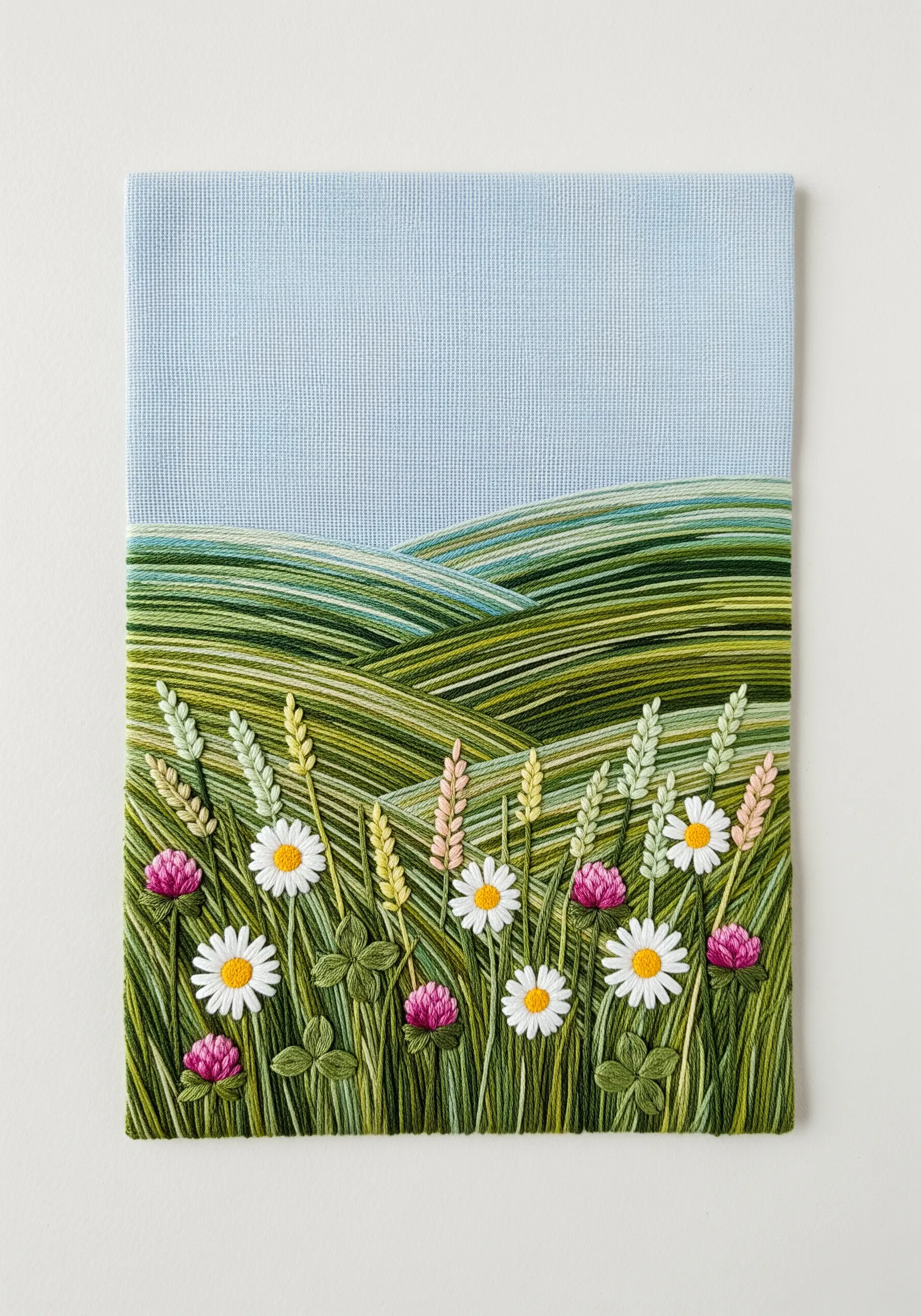 A woven landscape embroidery with green hills and a field of daisies and clover.