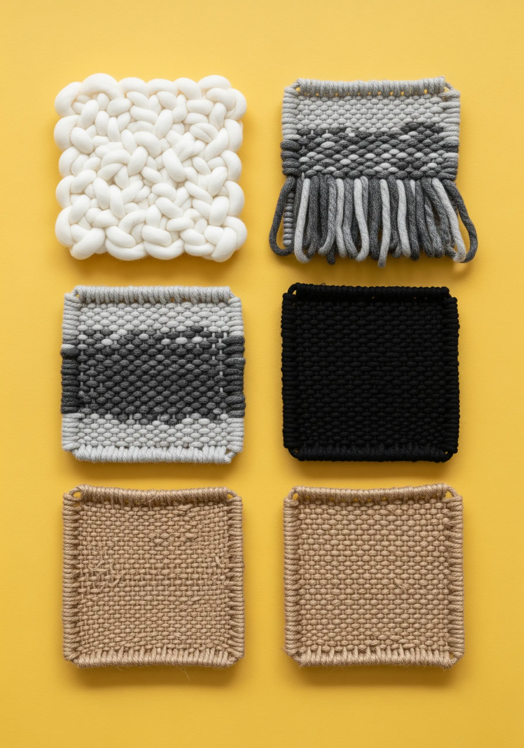 Six small woven swatches on a yellow background, showcasing different textures and techniques.