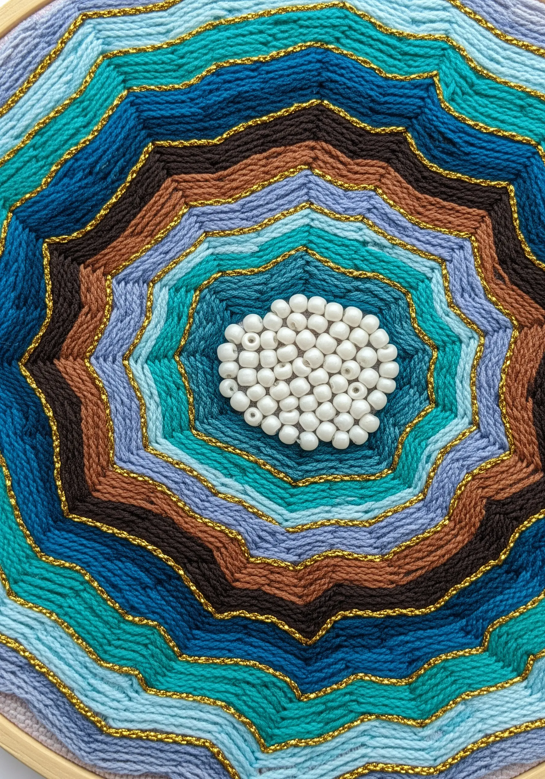 A woven mandala with concentric rings of blue, brown, and teal yarn, outlined in gold thread.