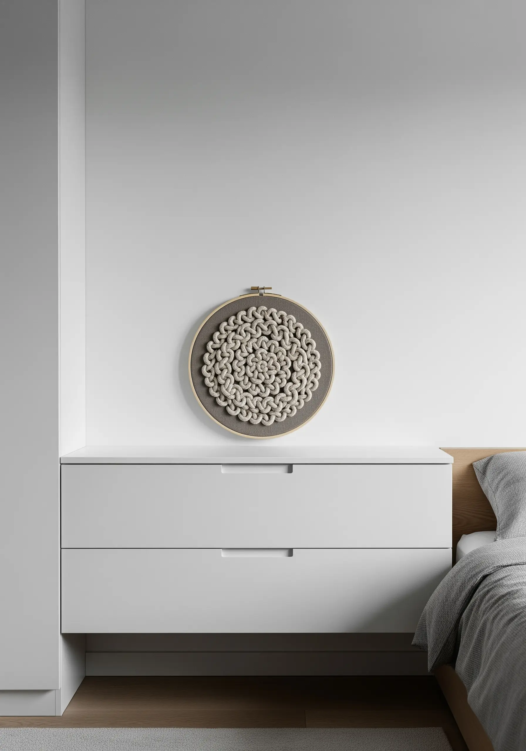 A hoop with a woven mandala made from dimensional knots in off-white thread.