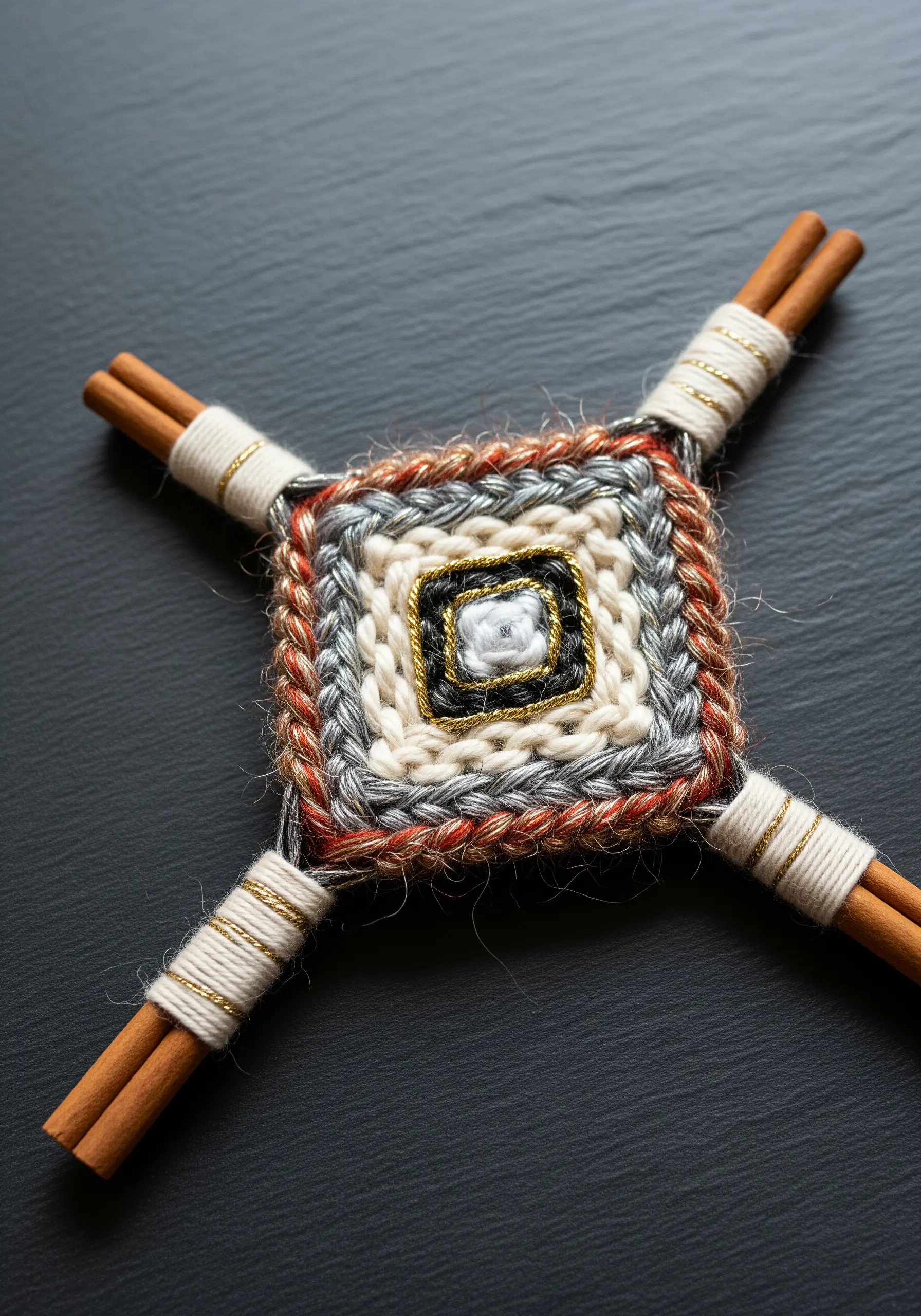 A woven 'Ojo de Dios' made with yarn wrapped around crossed cinnamon sticks, with metallic accents.