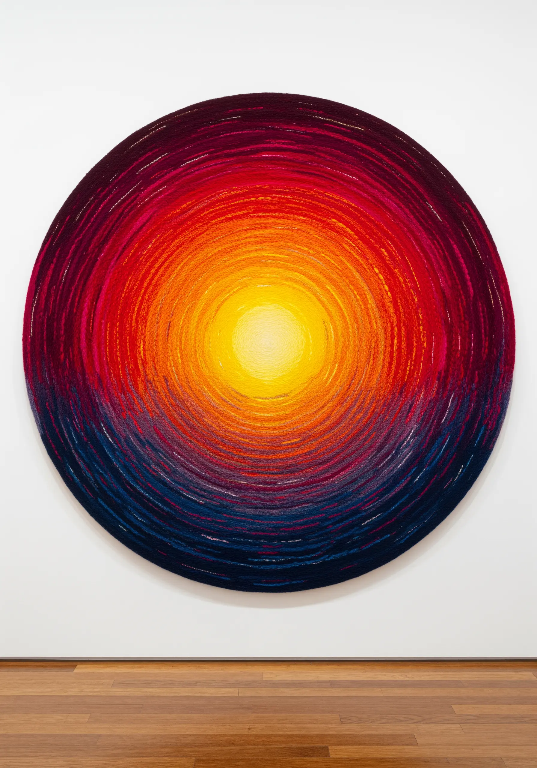 A large, circular woven wall hanging with a color gradient from a bright yellow center to a dark blue edge.