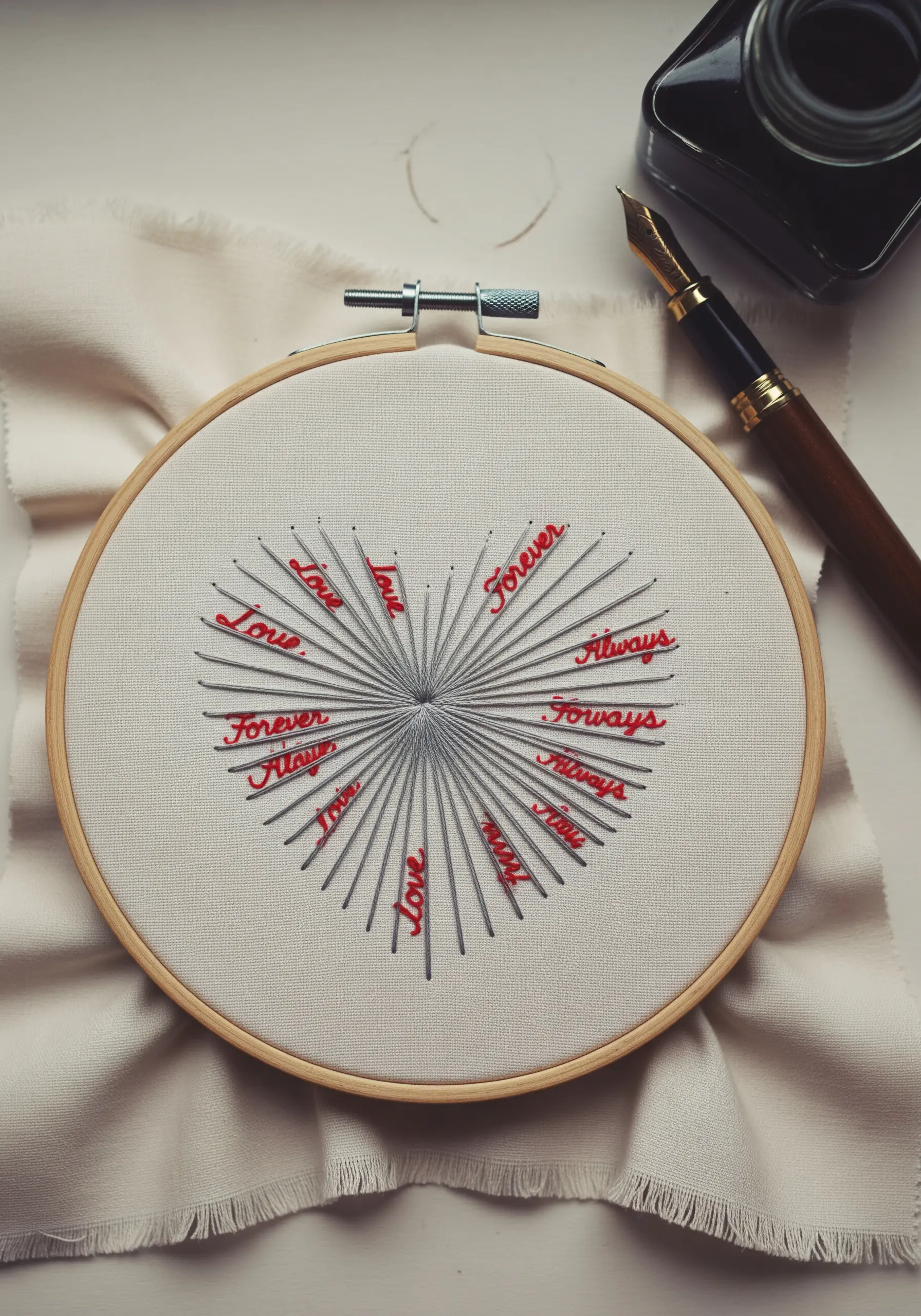 A heart made of radiating gray threads with romantic words stitched in red along the lines.
