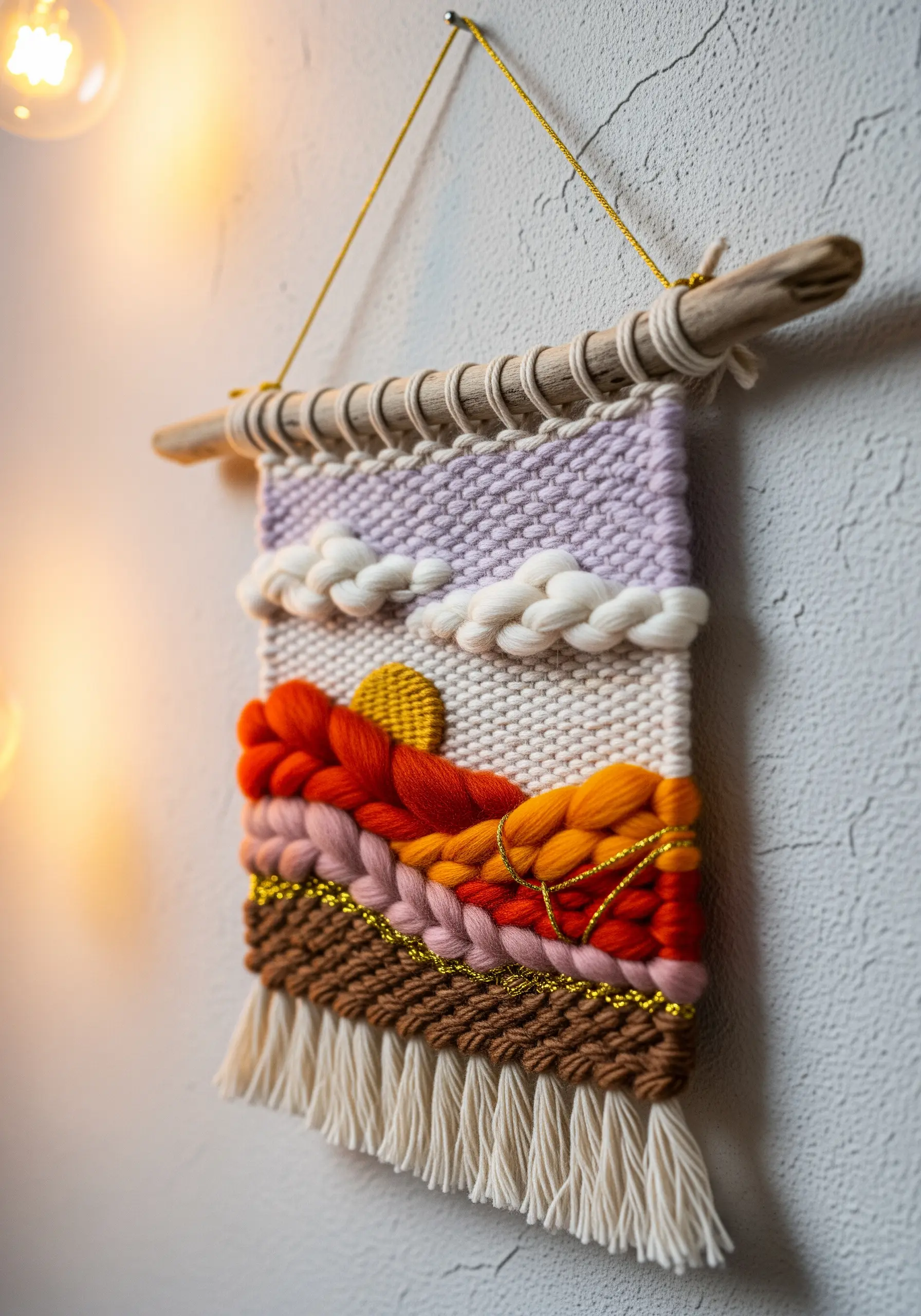 Small woven wall hanging depicting a sunset landscape with chunky yarns and metallic accents.
