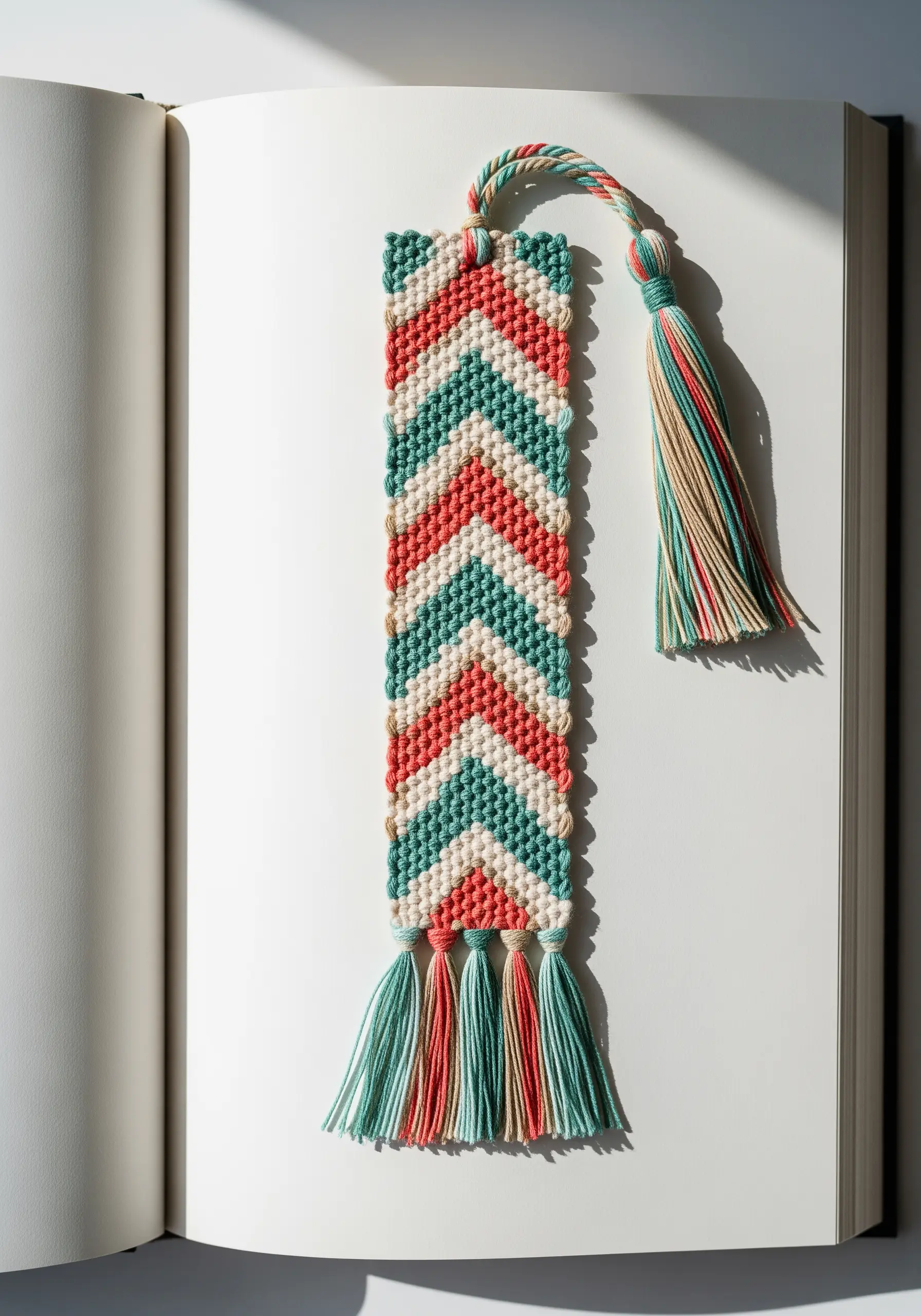 A woven bookmark with a chevron pattern in coral, teal, and cream.