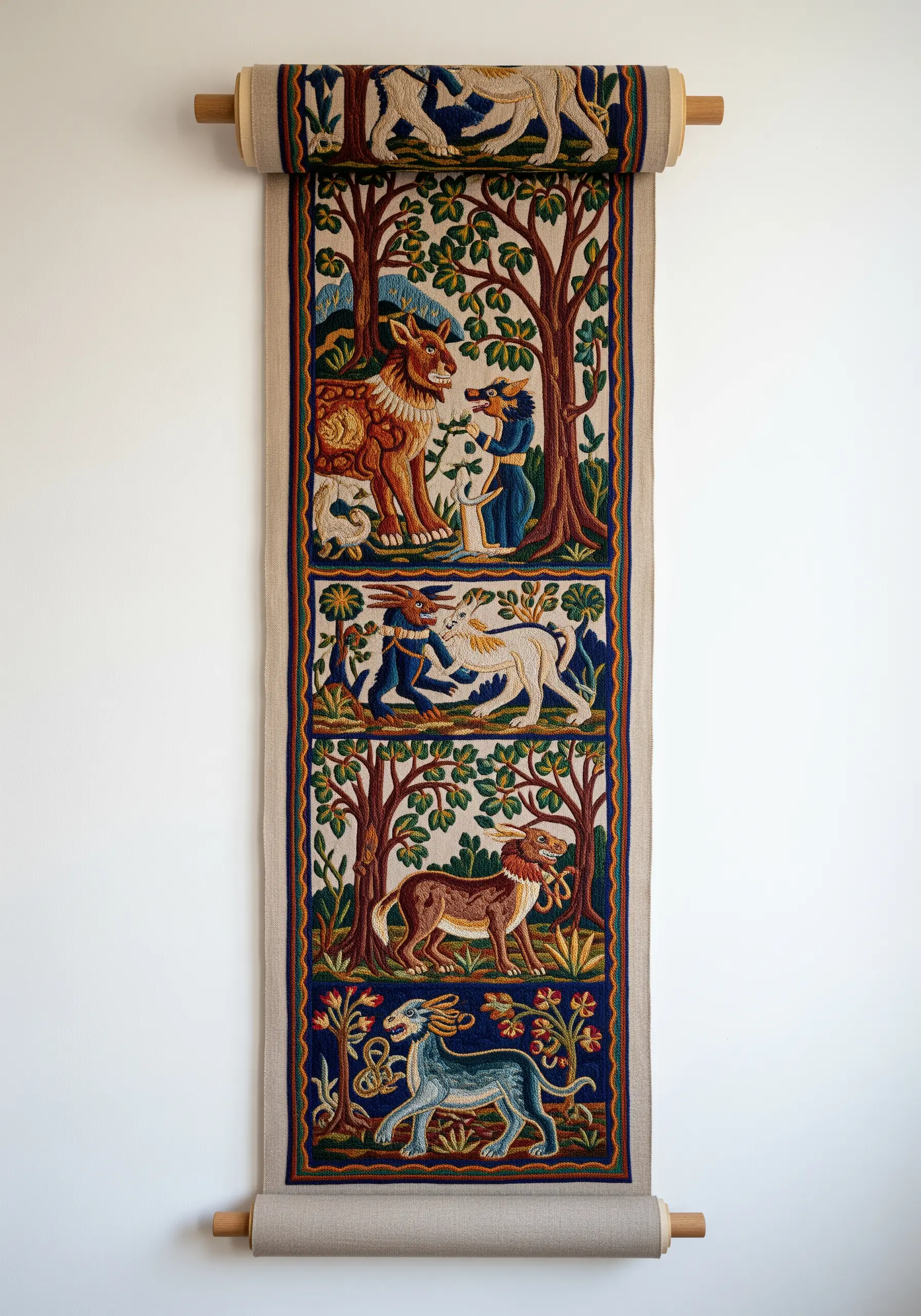 A long, vertical tapestry with three panels depicting medieval-style narrative scenes.