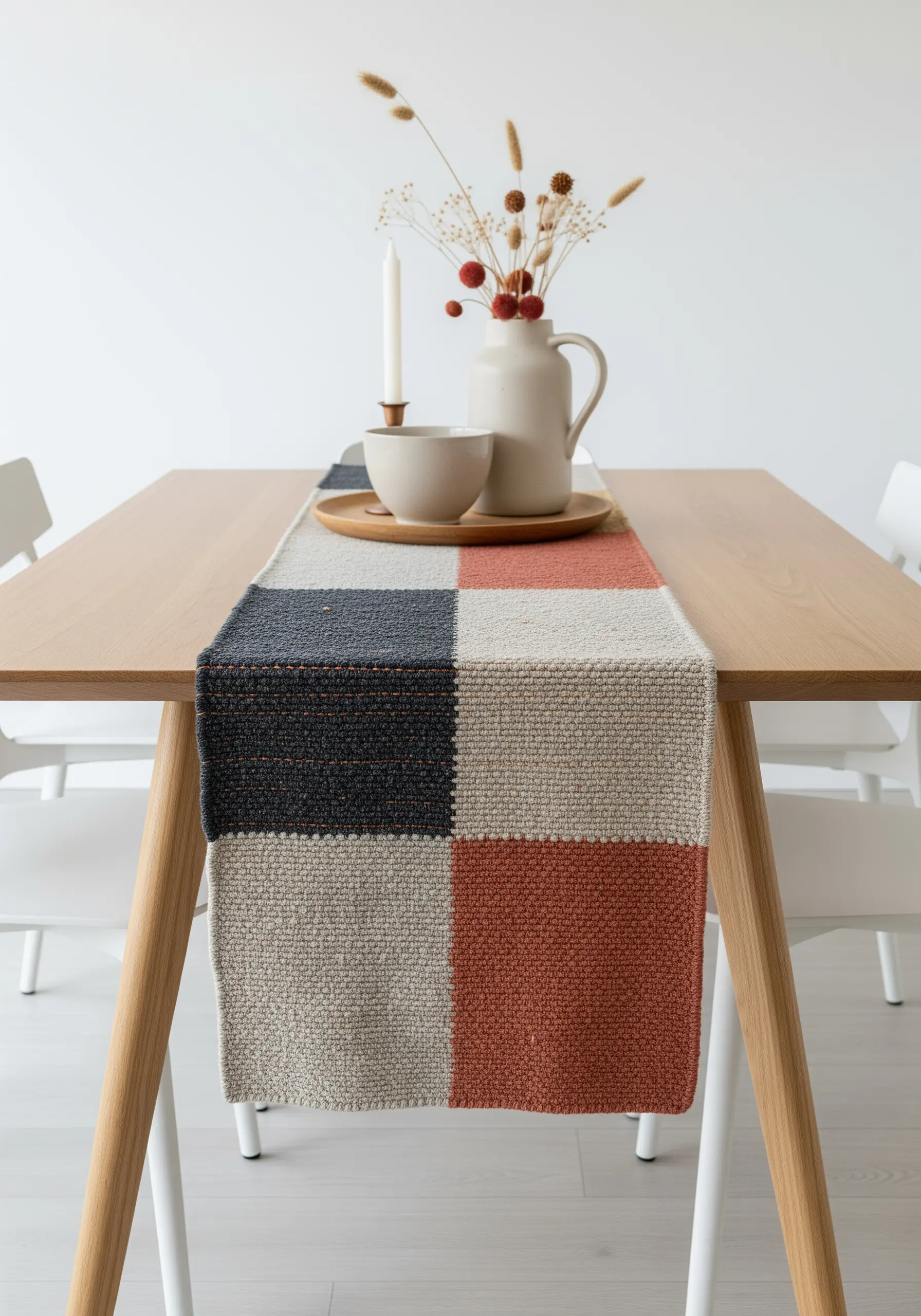 A woven table runner with a modern color-blocked pattern in charcoal, cream, and rust.