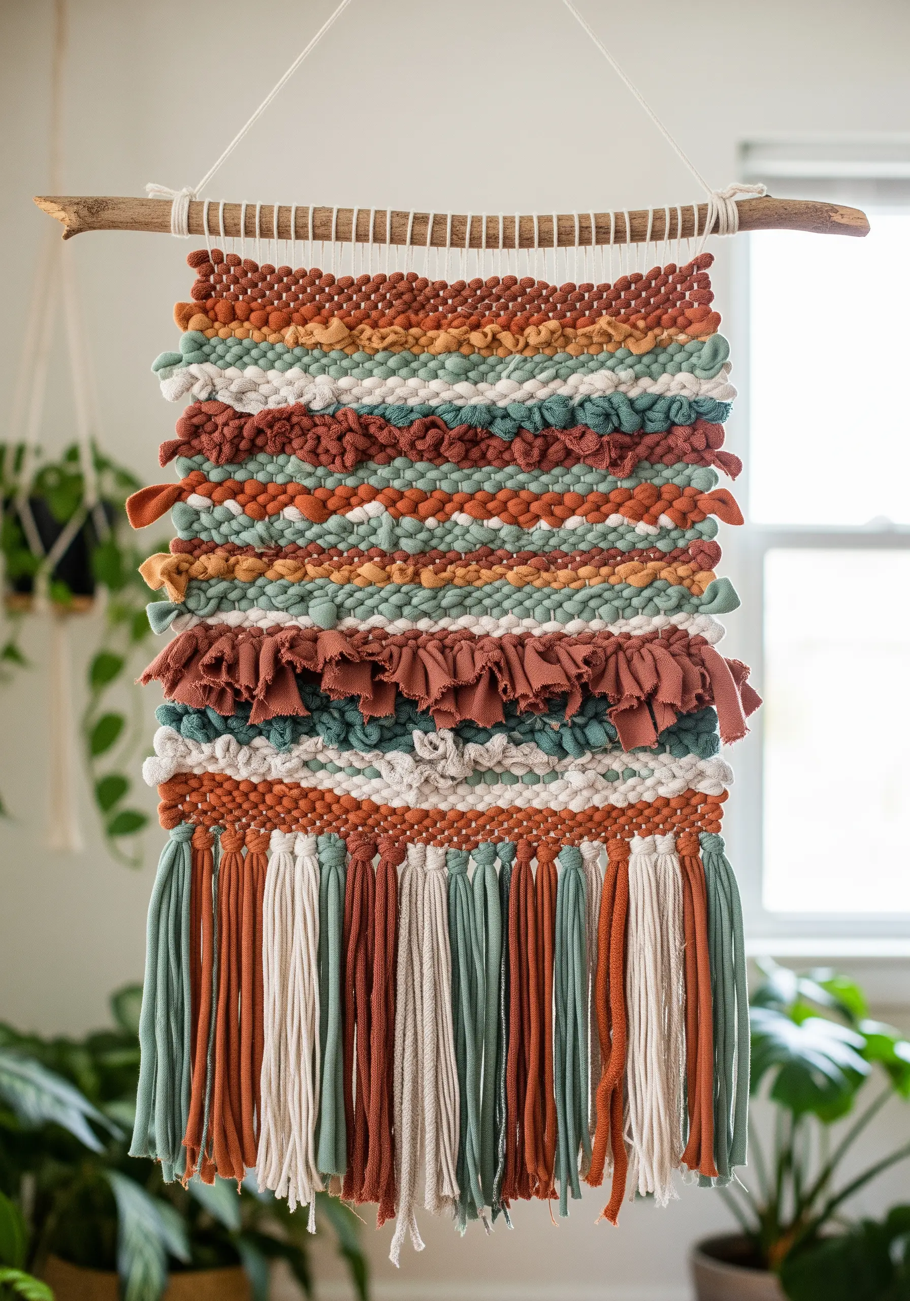 Woven wall hanging using earthy-toned fabric strips and thick yarn on a branch.