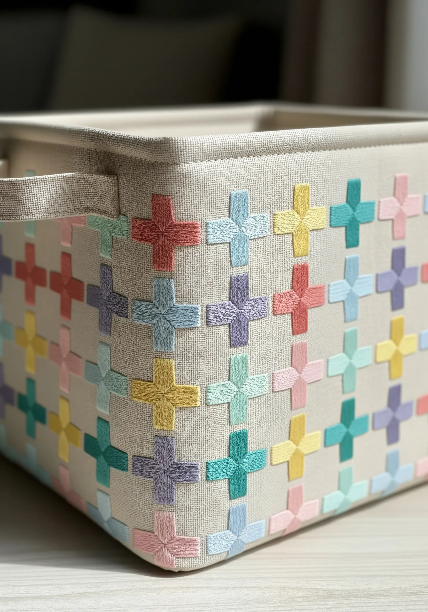 A canvas storage basket decorated with a woven pastel grid pattern.