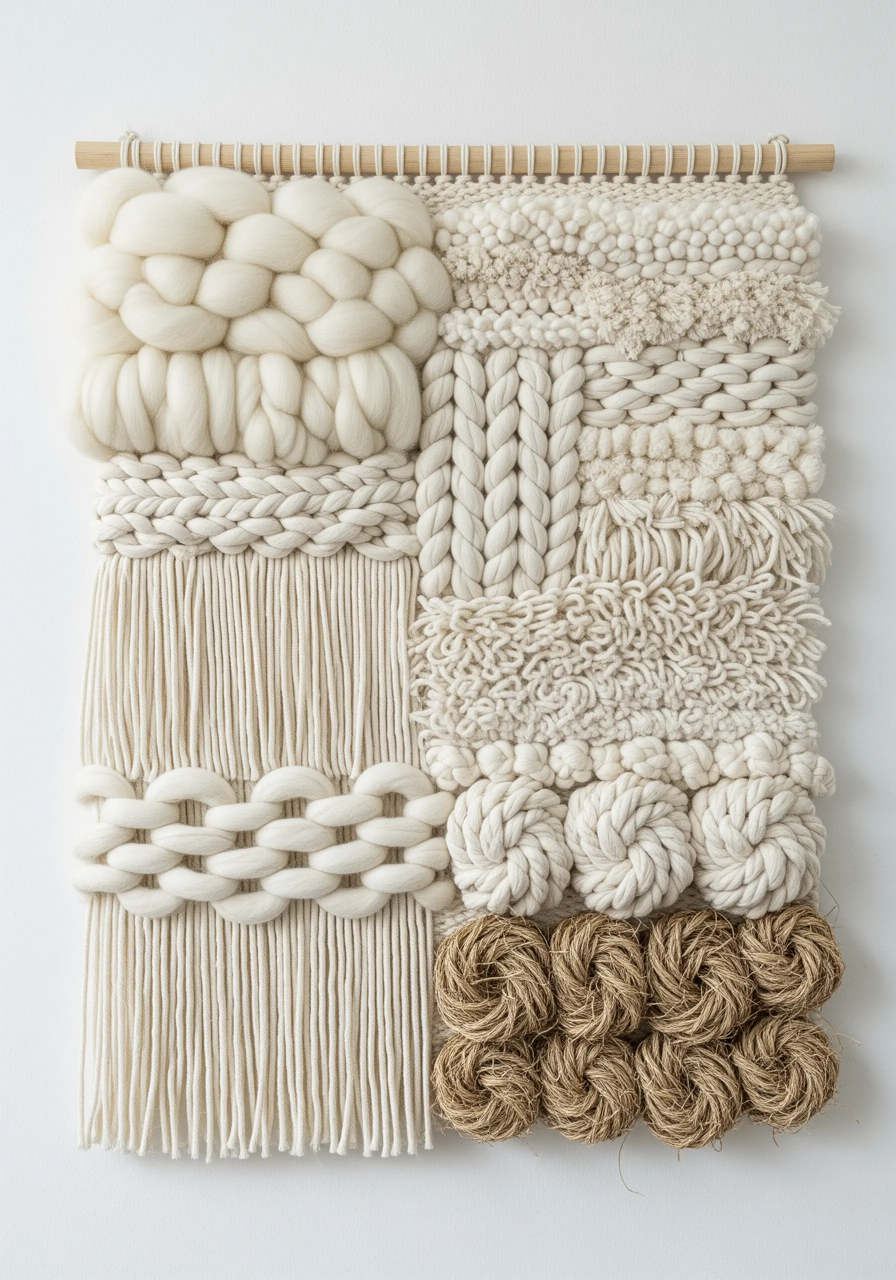 A monochromatic off-white woven wall hanging featuring a sampler of different textures, knots, and braids.