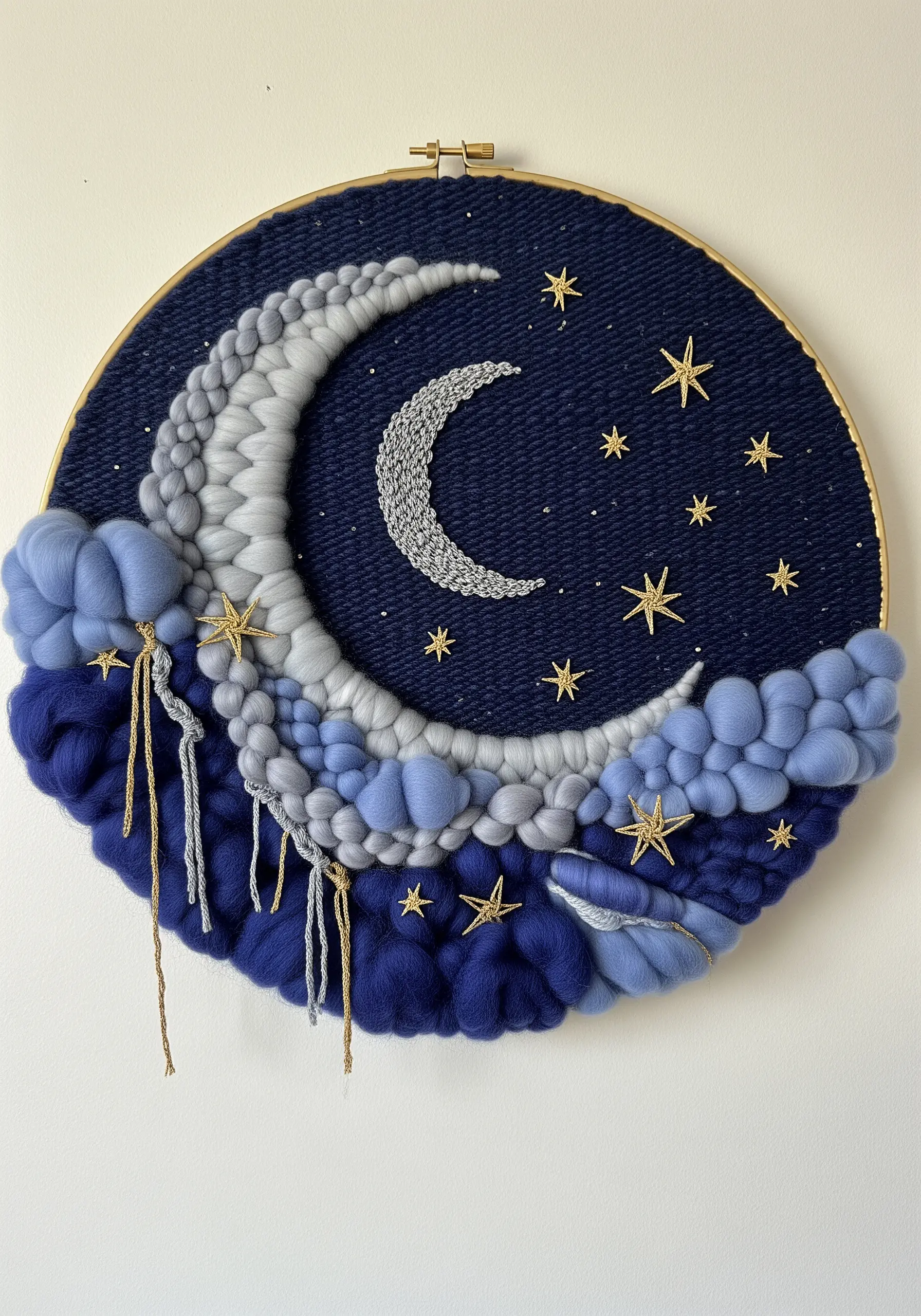 A celestial woven moonscape in a hoop using chunky roving and metallic star details.